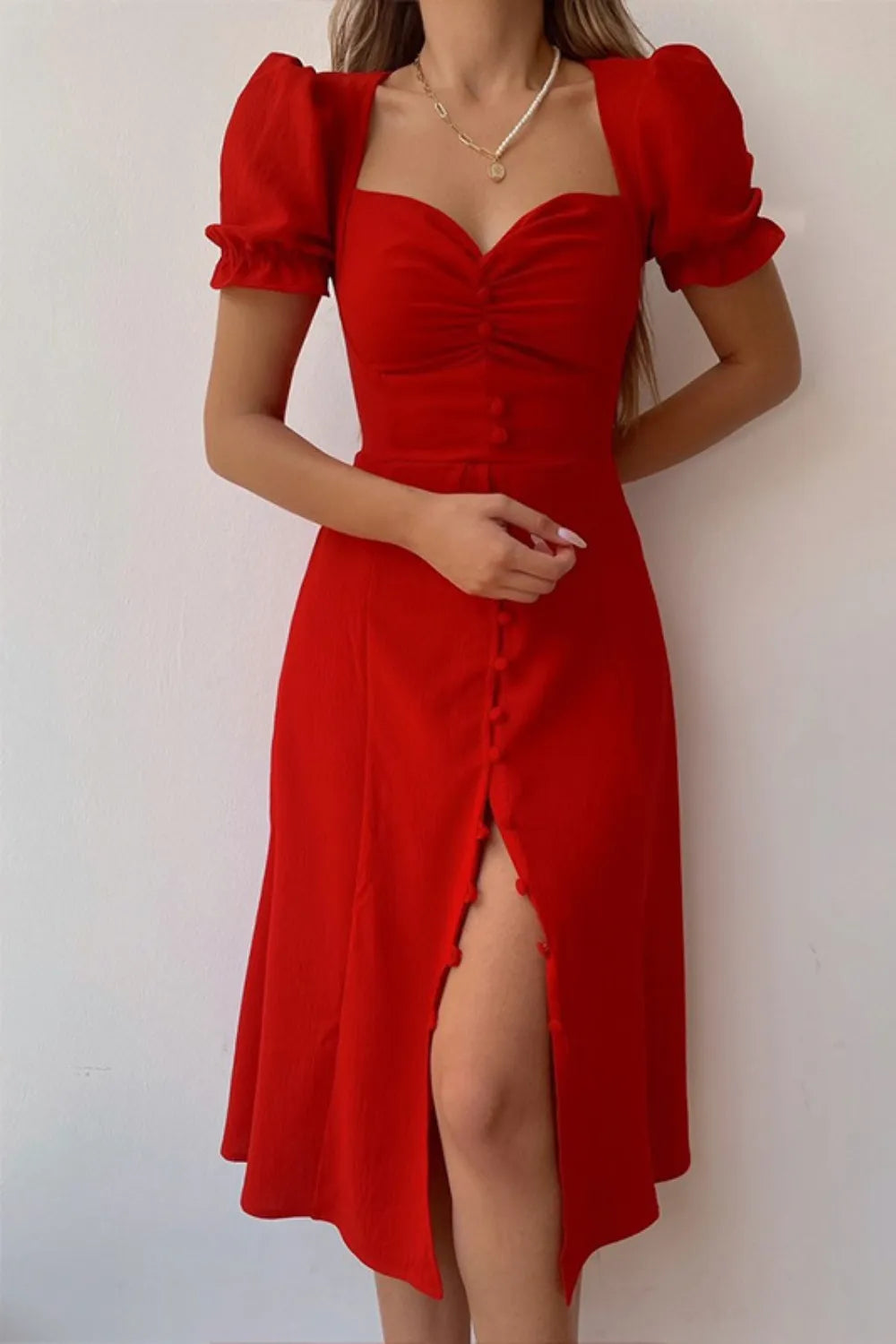 Sweetheart Neck Short Sleeve Dress - Velora Luxury Fashion