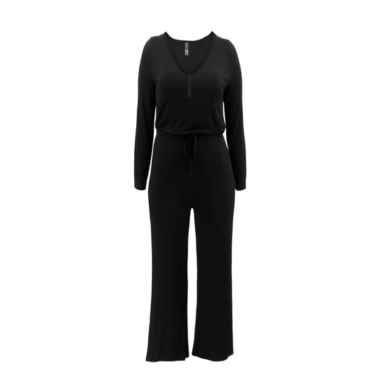 TTFN WOMEN'S LONG SLEEVE JUMPSUIT WITH HENLEY NECKLINE AND FLARED WIDE LEG - Velora Luxury Fashion