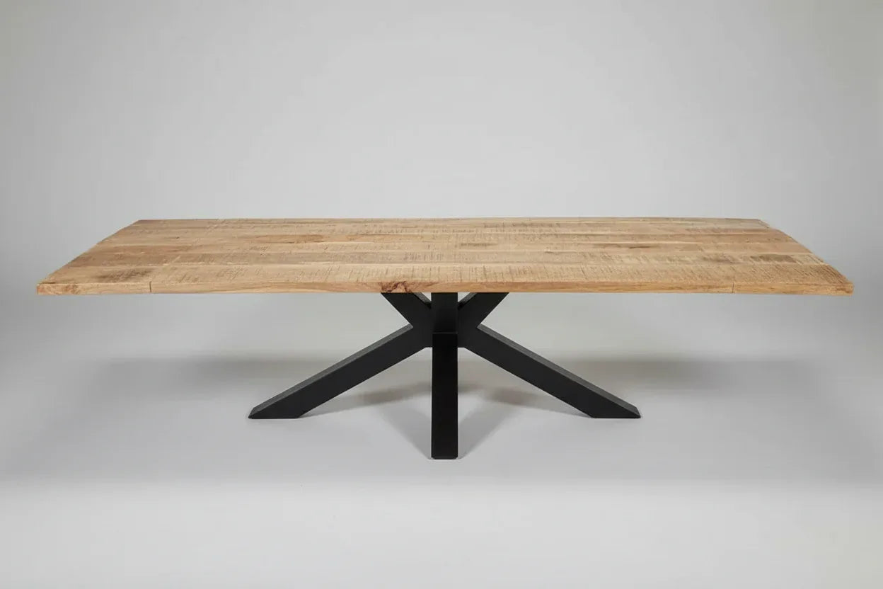 Table à diner patte Spider noir mat avec plateau en bois de manguier extensible