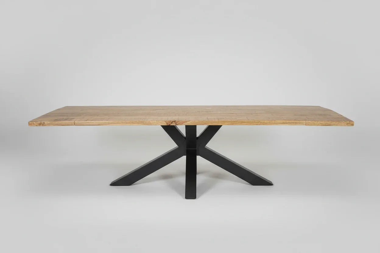 Table à diner patte Spider noir mat avec plateau en bois de manguier extensible