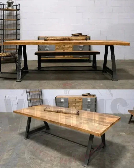 Table à dîner industrielle AMSTERDAM avec plateau de manguier et patte en fonte d'acier
