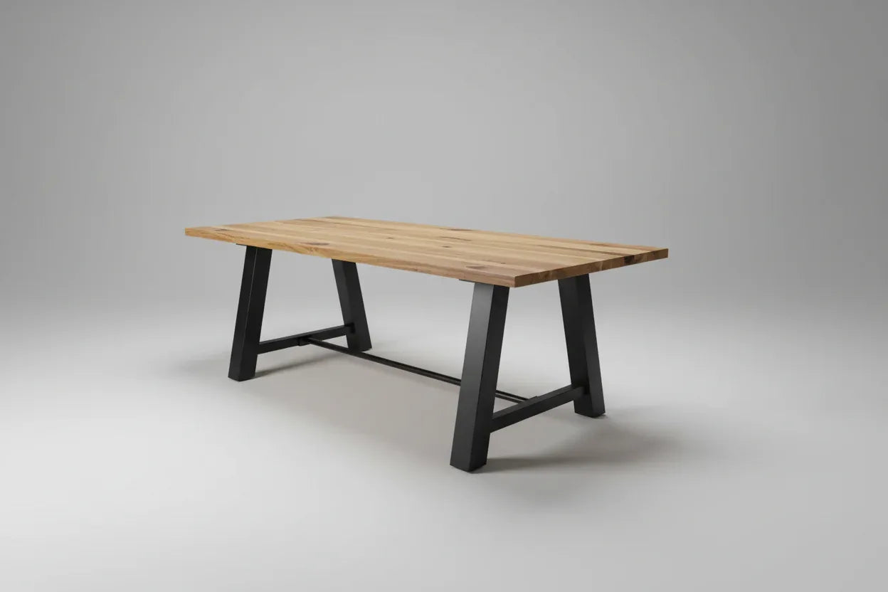 Table à diner industrielle style Établie patte en acier noir mat avec plateau en Bois de Manguier