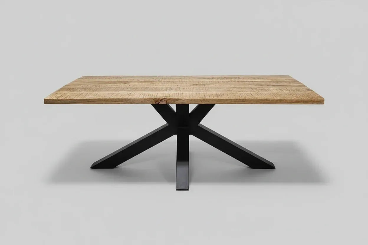 Table à diner patte Spider noir mat avec plateau en bois de manguier extensible