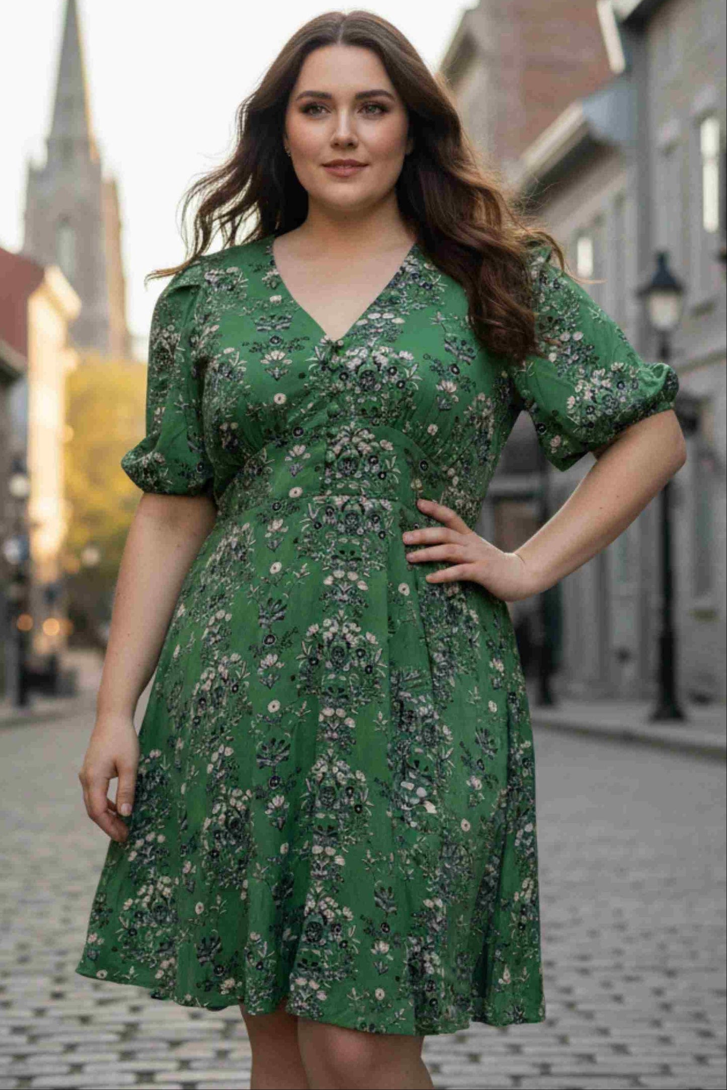 Talia Green Floral Fit and Flare Dress Flowy Sleeves - Velora Luxury Fashion