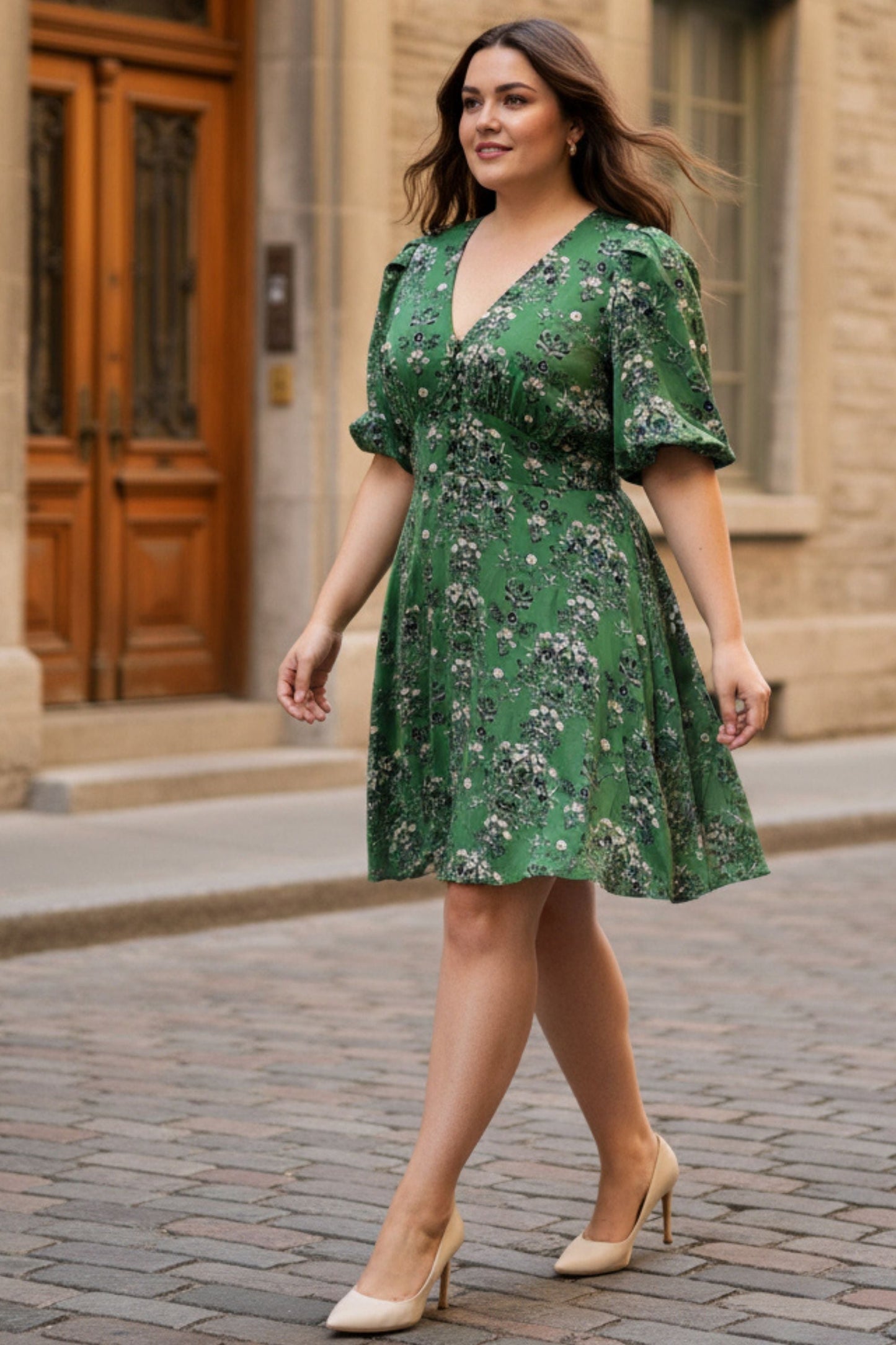 Talia Green Floral Fit and Flare Dress Flowy Sleeves - Velora Luxury Fashion