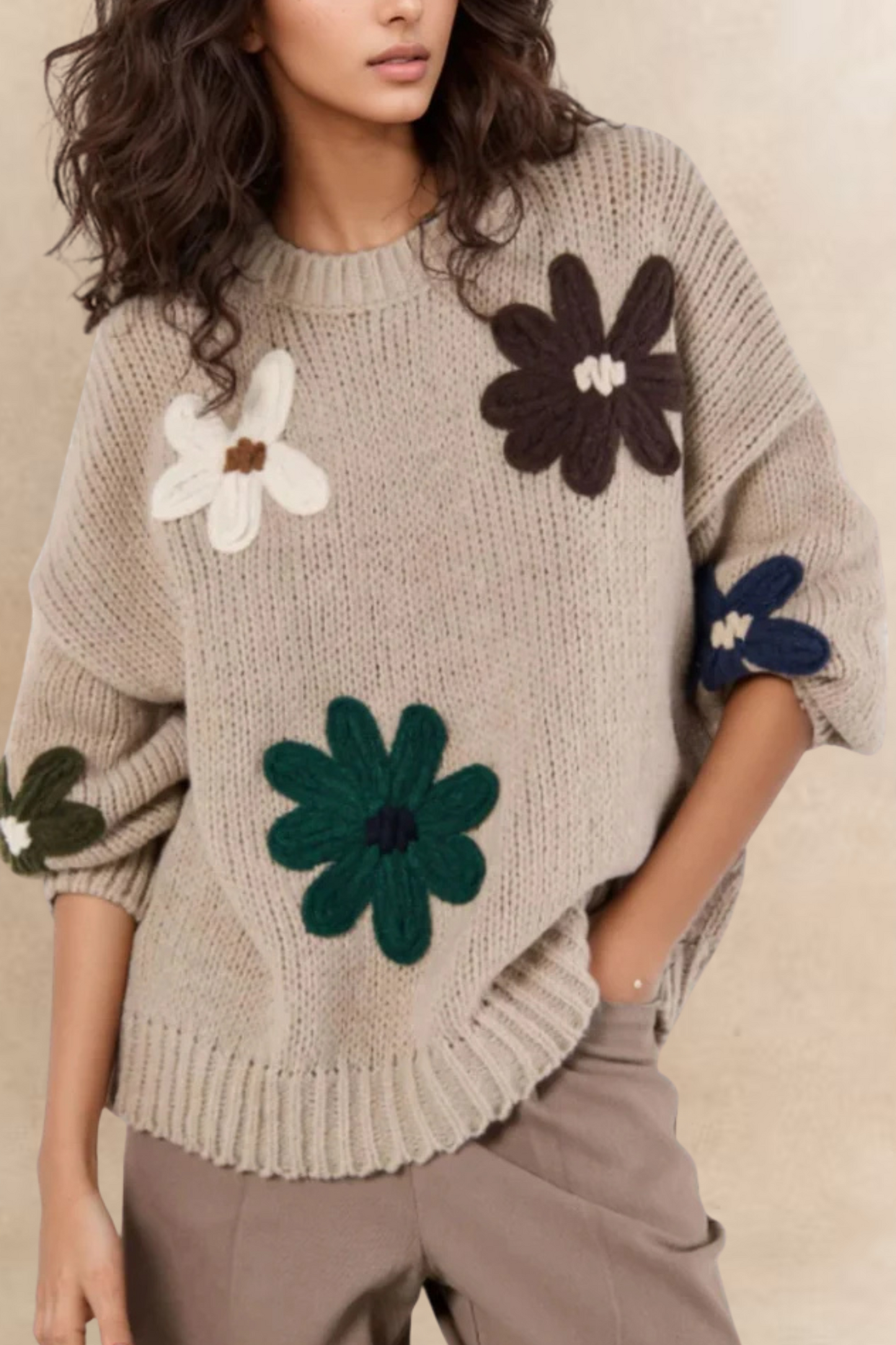 Tamara Women's Chunky Knit Sweater Embroidered Floral Appliqué - Velora Luxury Fashion