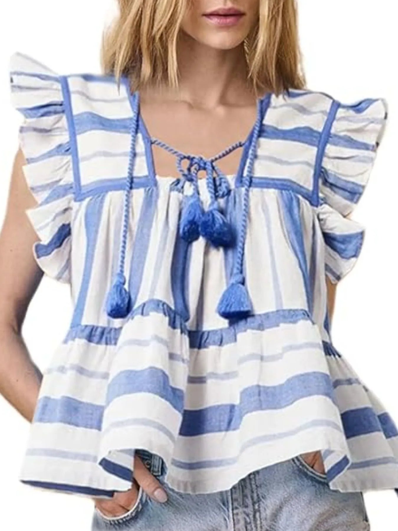 Tassel Ruffled Striped Blouse - Velora Luxury Fashion