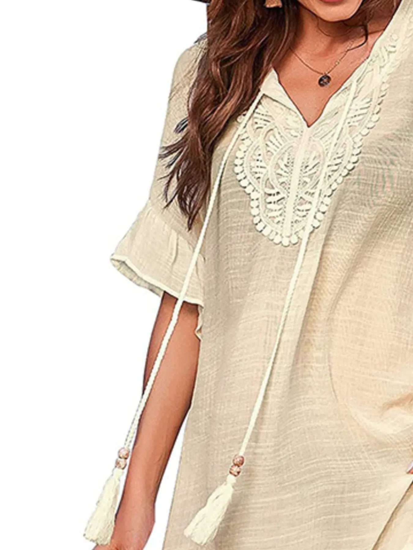 Tassel Short Sleeve Ruffled Mini Dress - Velora Luxury Fashion