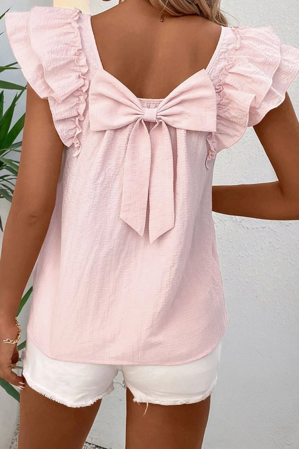 Textured Bow Knot Frilled Butterfly Sleeve Blouse - Velora Luxury Fashion
