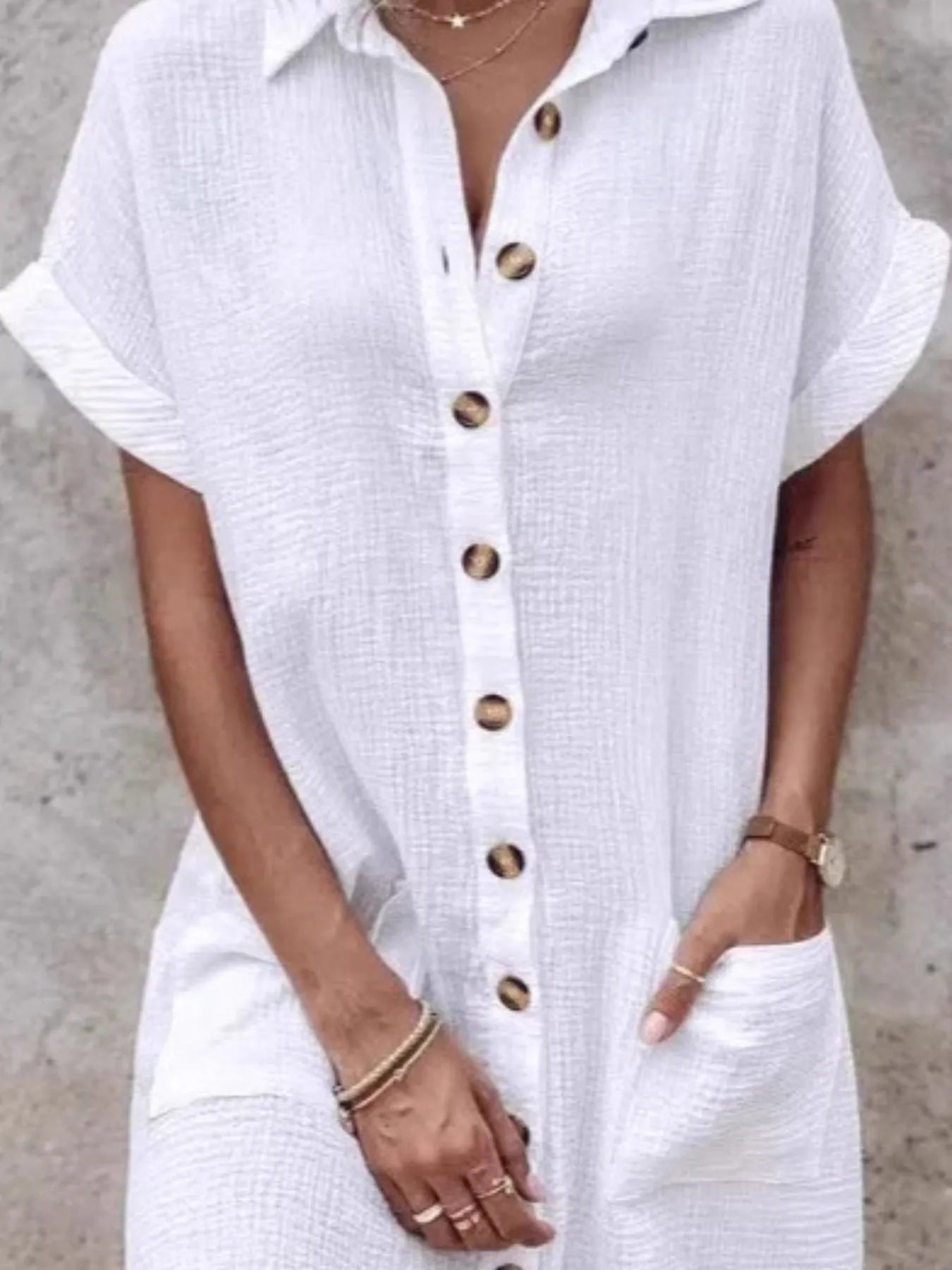 Textured Button-Front Shirt Dress - Velora Luxury Fashion