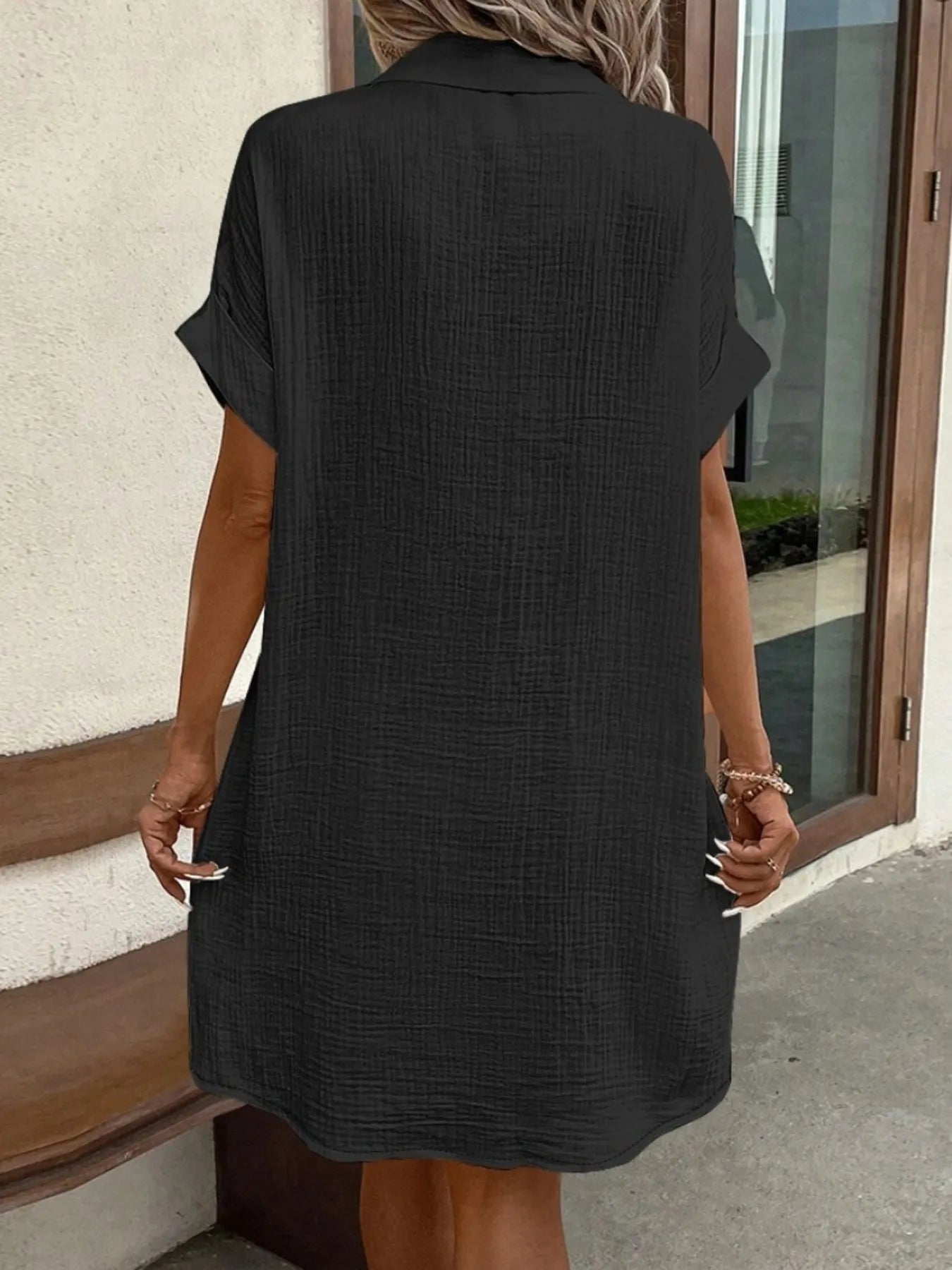 Textured Button-Front Shirt Dress - Velora Luxury Fashion