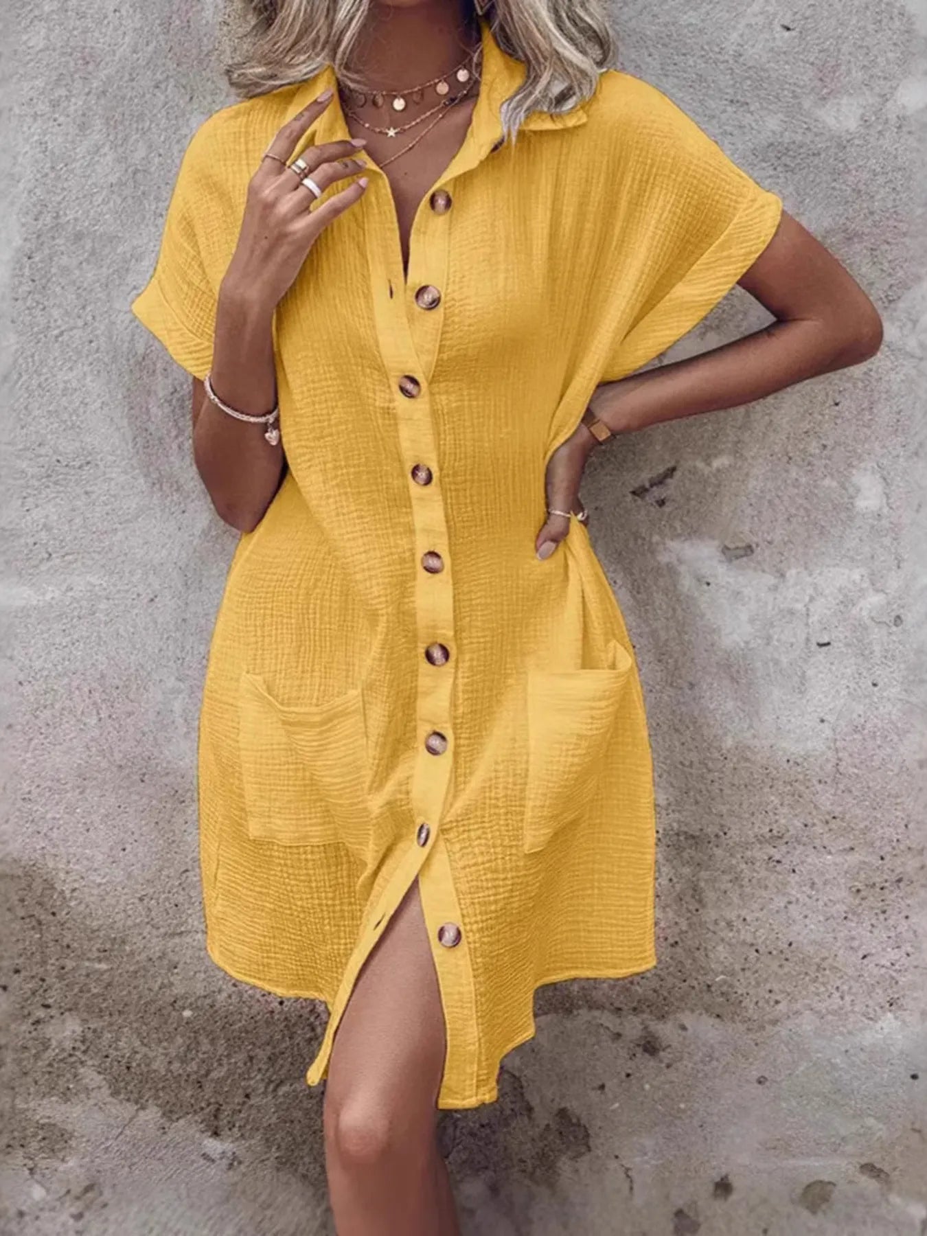 Textured Button-Front Shirt Dress - Velora Luxury Fashion