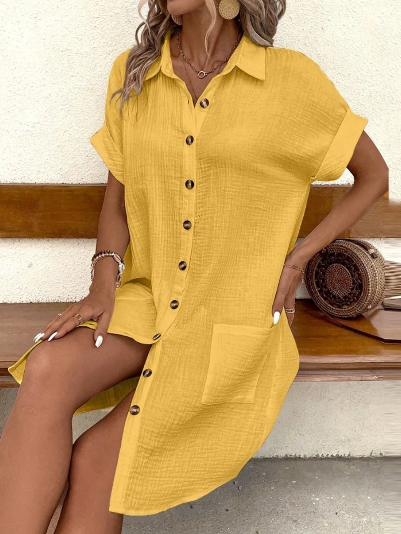 Textured Button-Front Shirt Dress - Velora Luxury Fashion