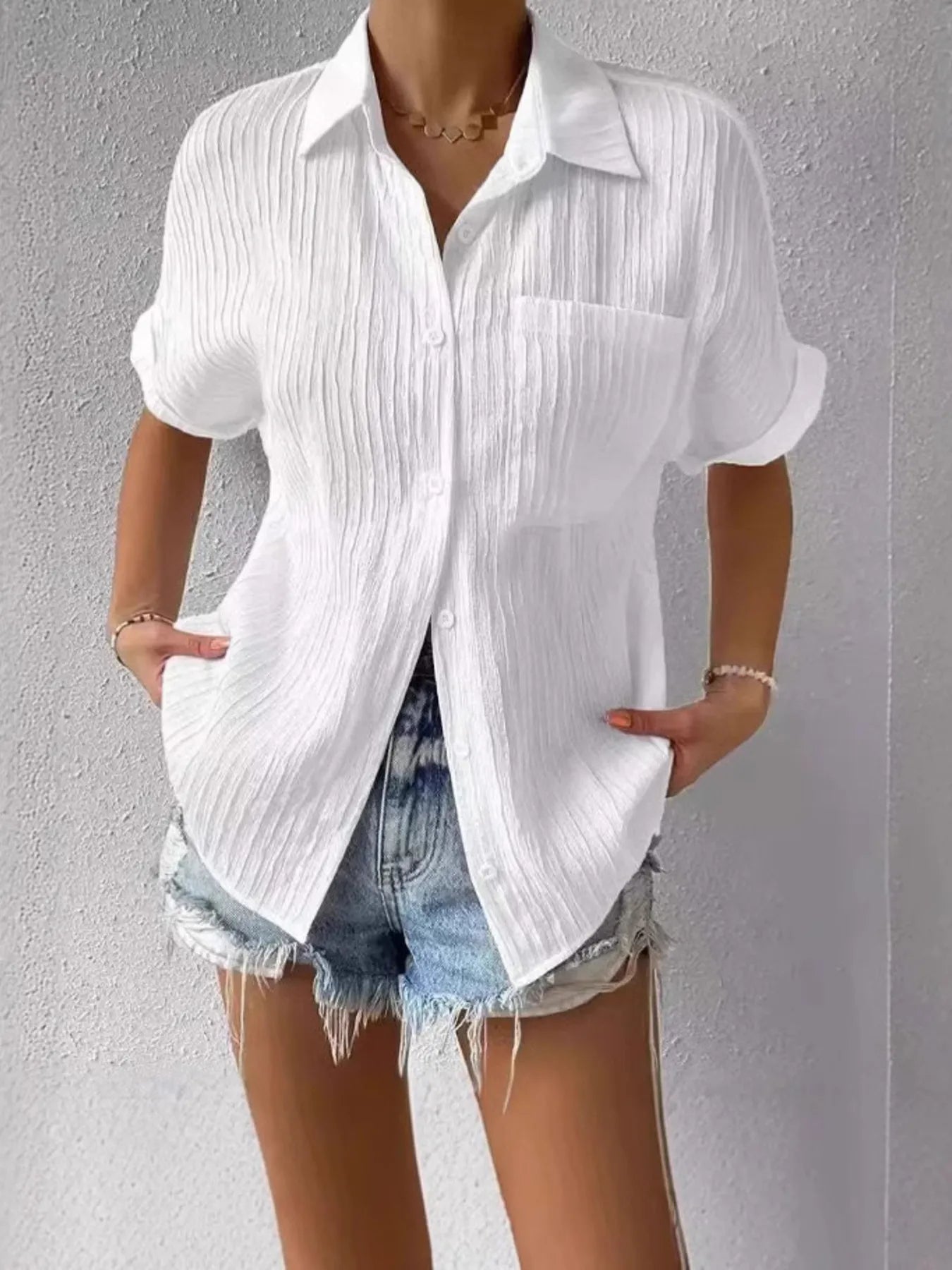 Textured Button-Up Short Sleeve Shirt - Velora Luxury Fashion