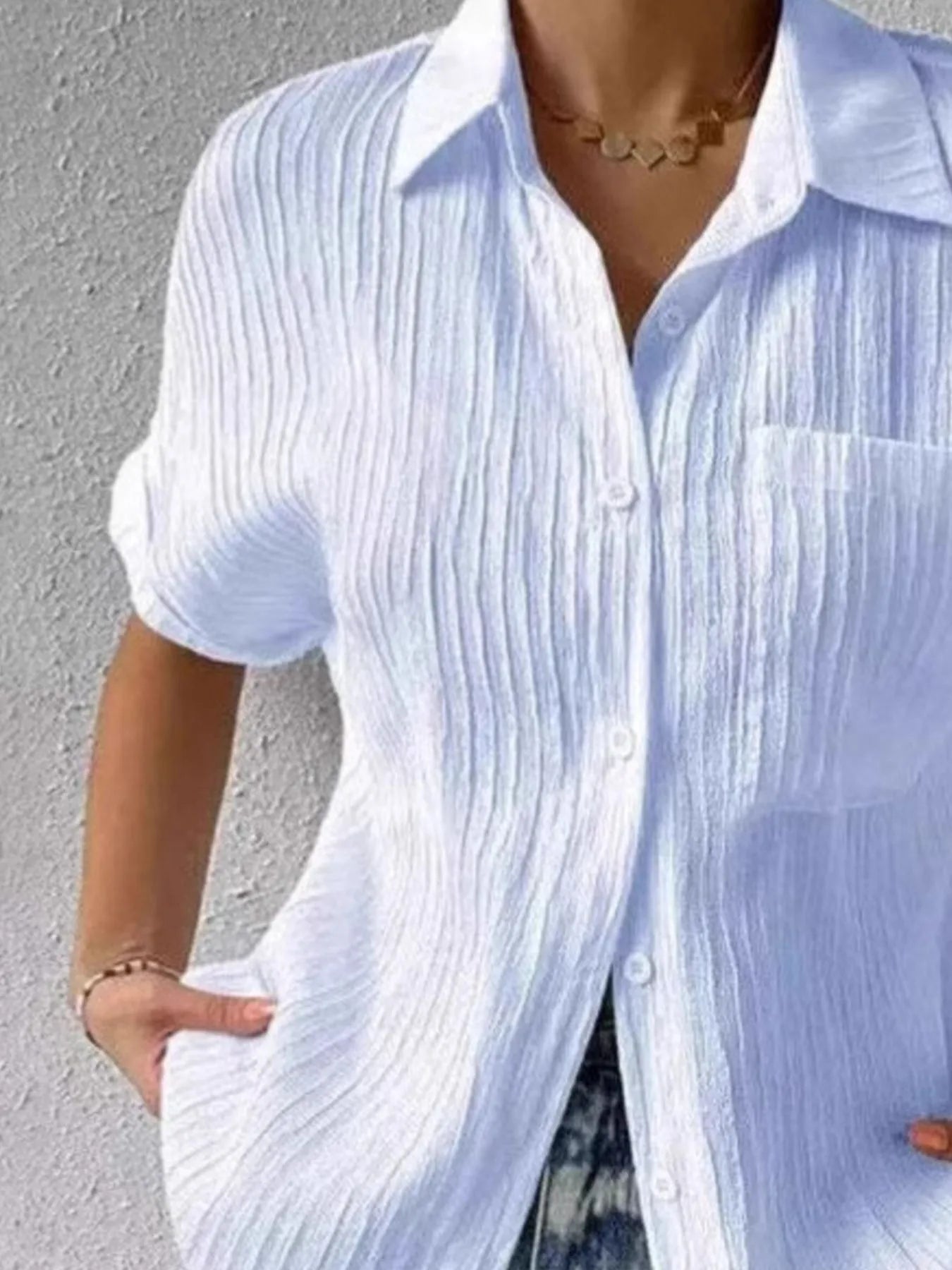 Textured Button-Up Short Sleeve Shirt - Velora Luxury Fashion