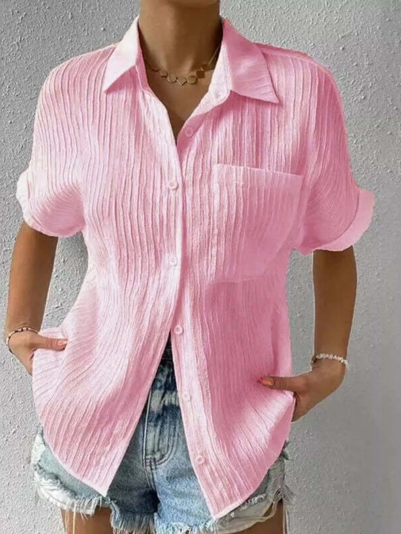 Textured Button-Up Short Sleeve Shirt - Velora Luxury Fashion