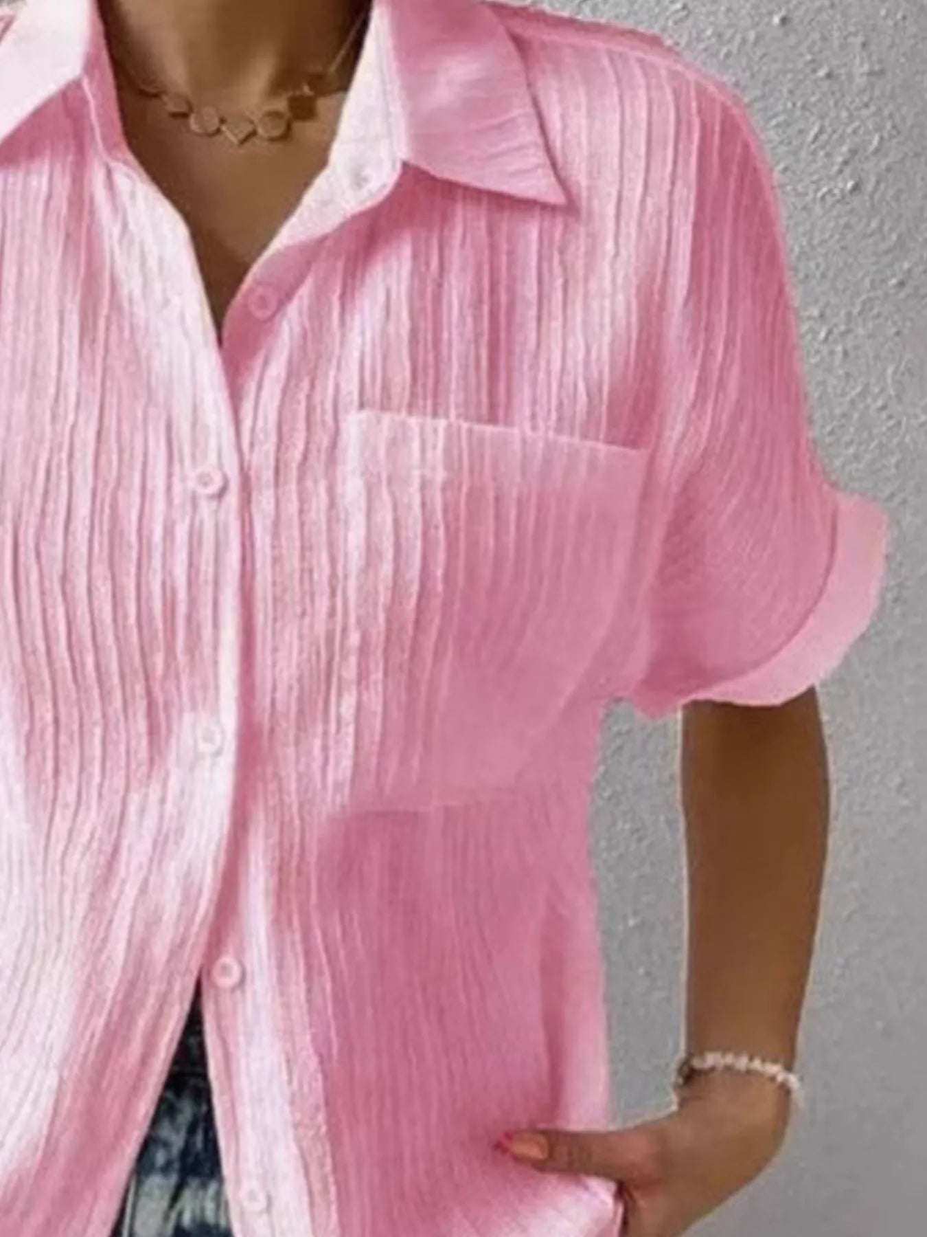 Textured Button-Up Short Sleeve Shirt - Velora Luxury Fashion