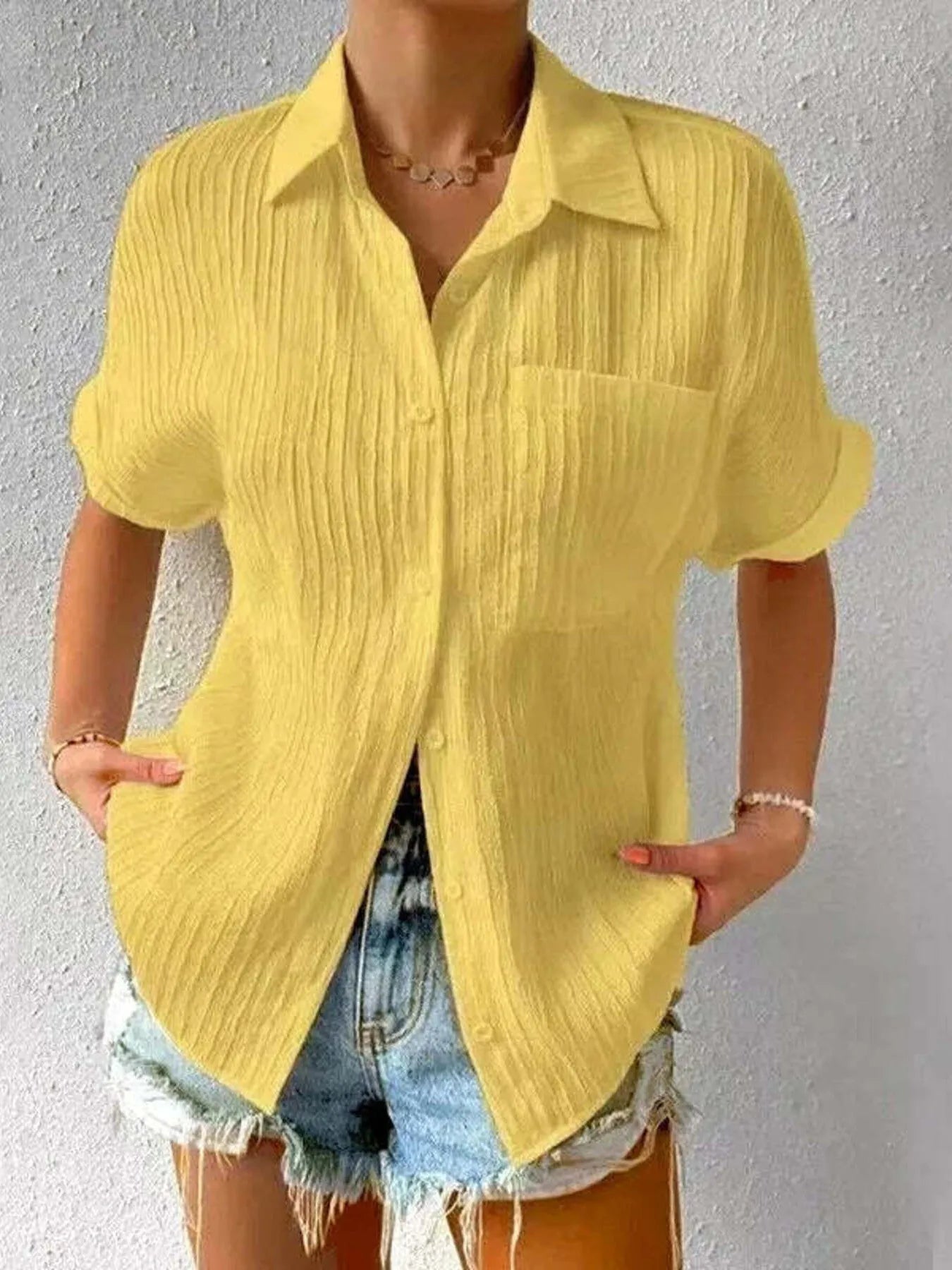 Textured Button-Up Short Sleeve Shirt - Velora Luxury Fashion