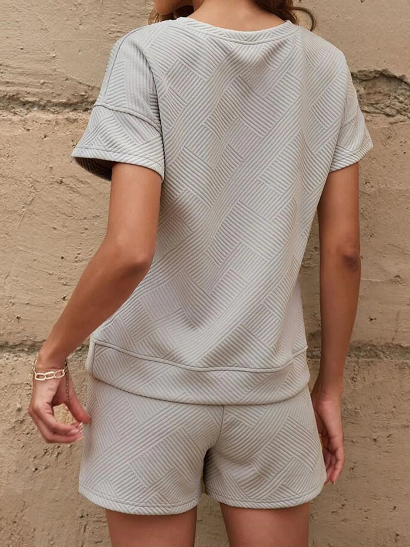 Textured Round Neck Top and Shorts Two-Piece Set - Velora Luxury Fashion