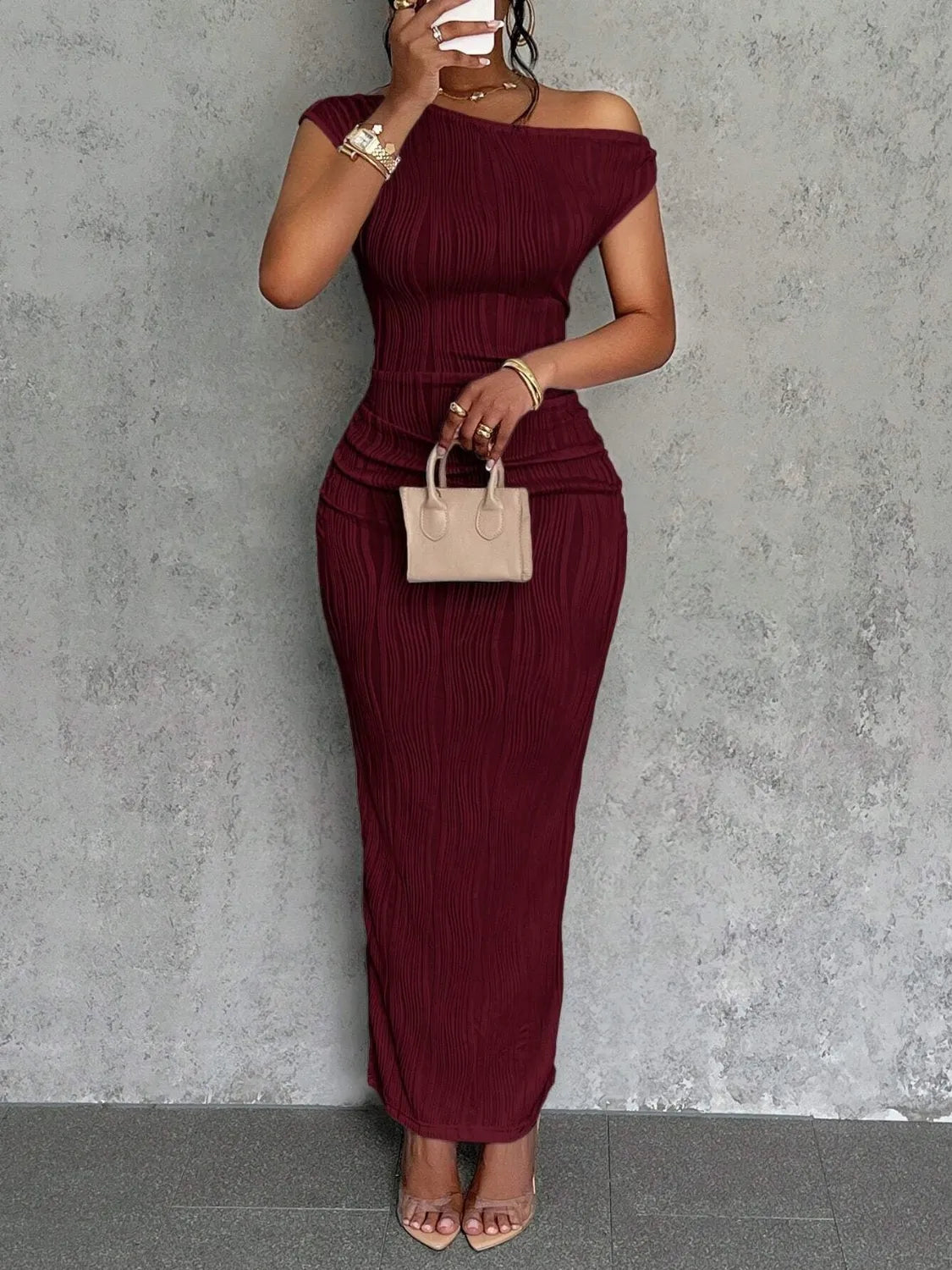 Textured Single Shoulder Maxi Dress - Velora Luxury Fashion