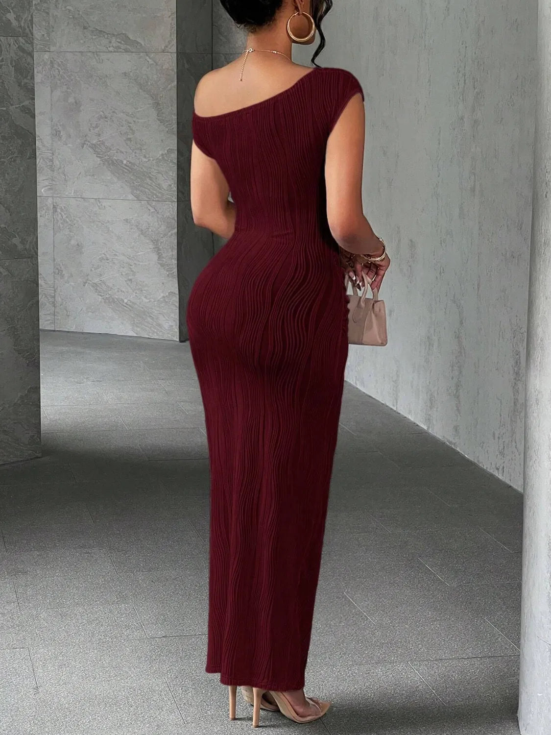 Textured Single Shoulder Maxi Dress - Velora Luxury Fashion