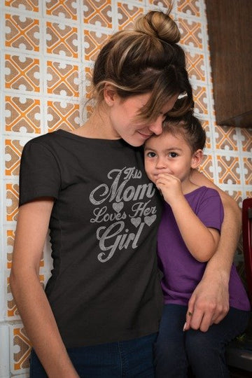 This Mom Loves Her Girl Rhinestone T-Shirt – Sparkly Mom Life Tee | Blingdazzel