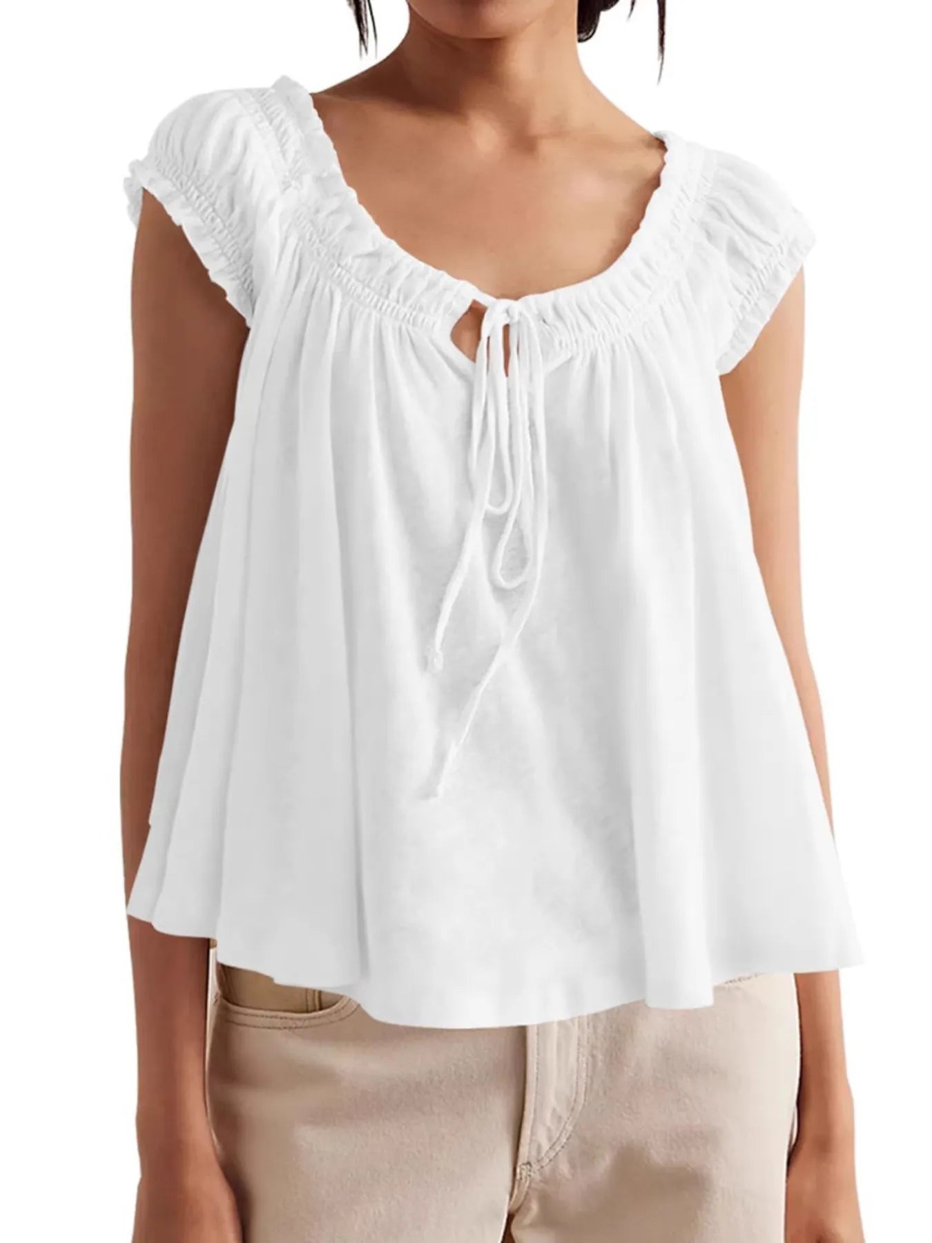 Tie-Front Detail Smocked Blouse - Velora Luxury Fashion