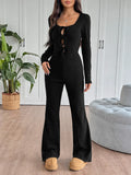 Tie Front Long Sleeve Flare Jumpsuit - Velora Luxury Fashion