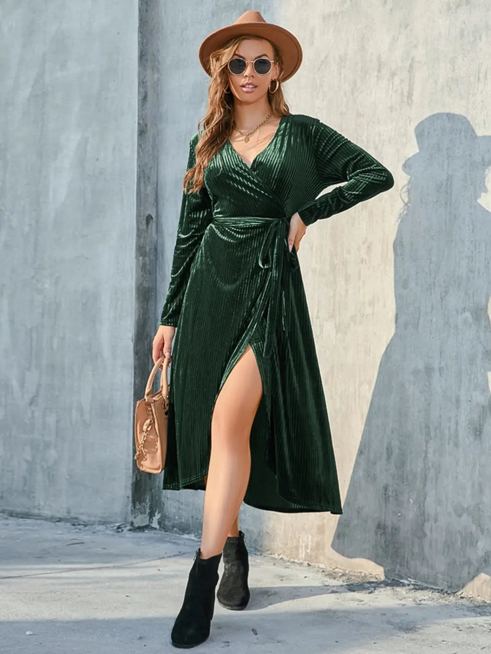 Tie Front Long Sleeve Slit Dress - Velora Luxury Fashion