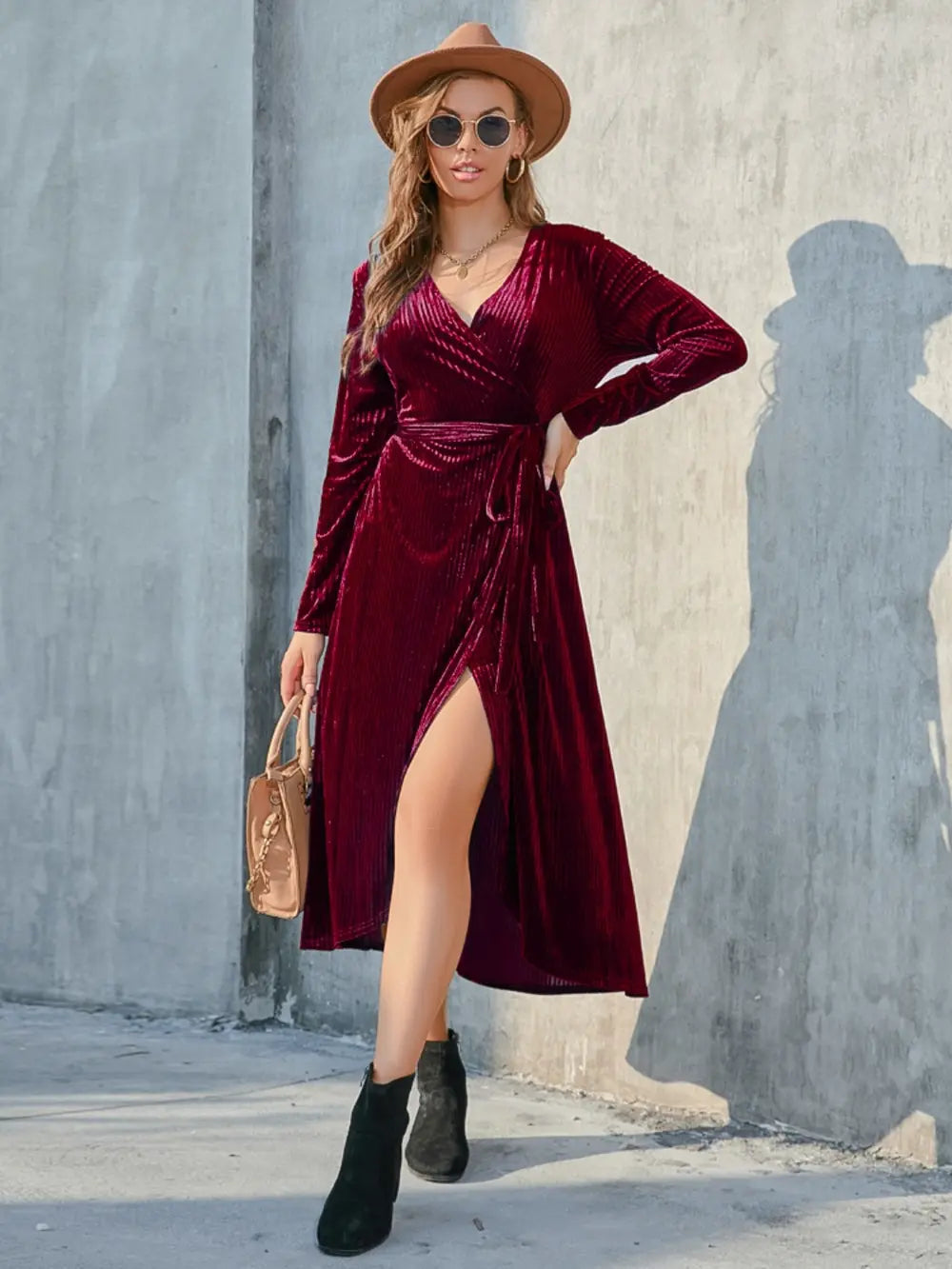 Tie Front Long Sleeve Slit Dress - Velora Luxury Fashion