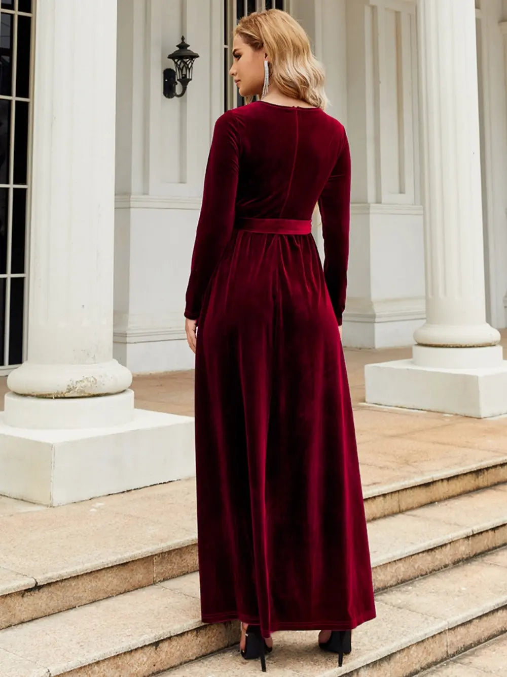 Tie Front Round Neck Long Sleeve Maxi Dress - Velora Luxury Fashion