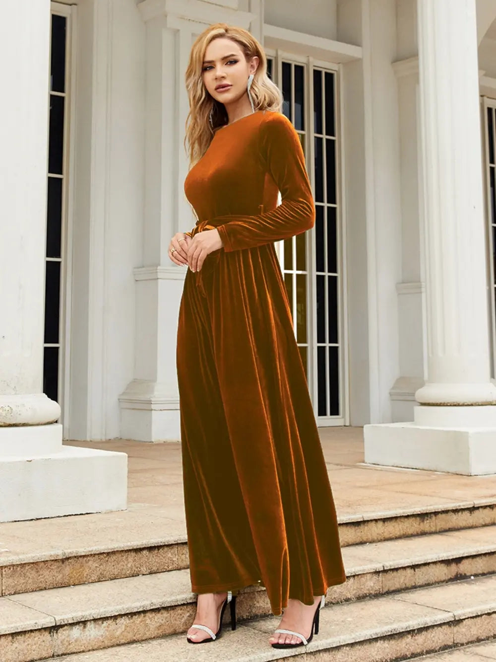 Tie Front Round Neck Long Sleeve Maxi Dress - Velora Luxury Fashion