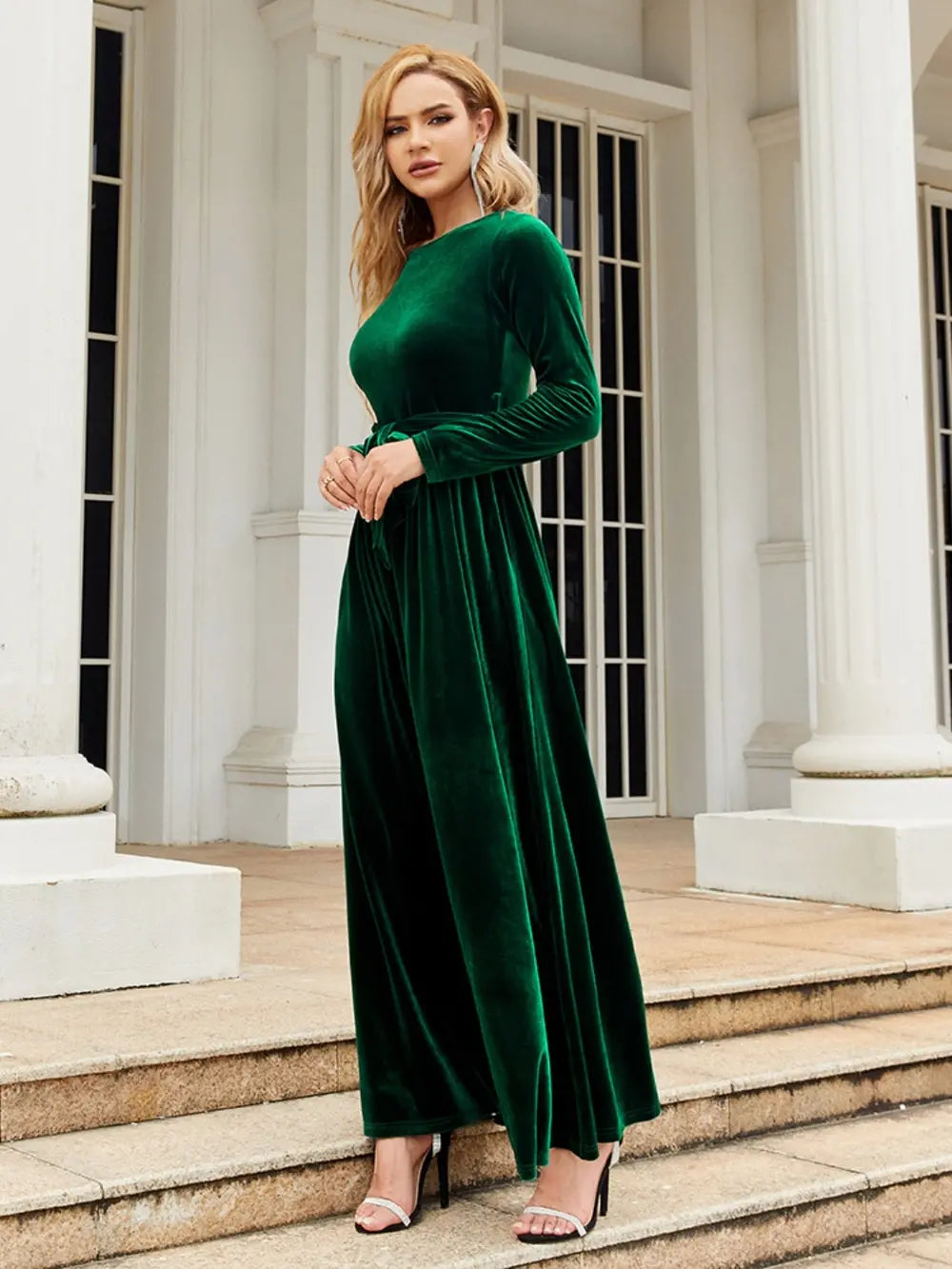 Tie Front Round Neck Long Sleeve Maxi Dress - Velora Luxury Fashion