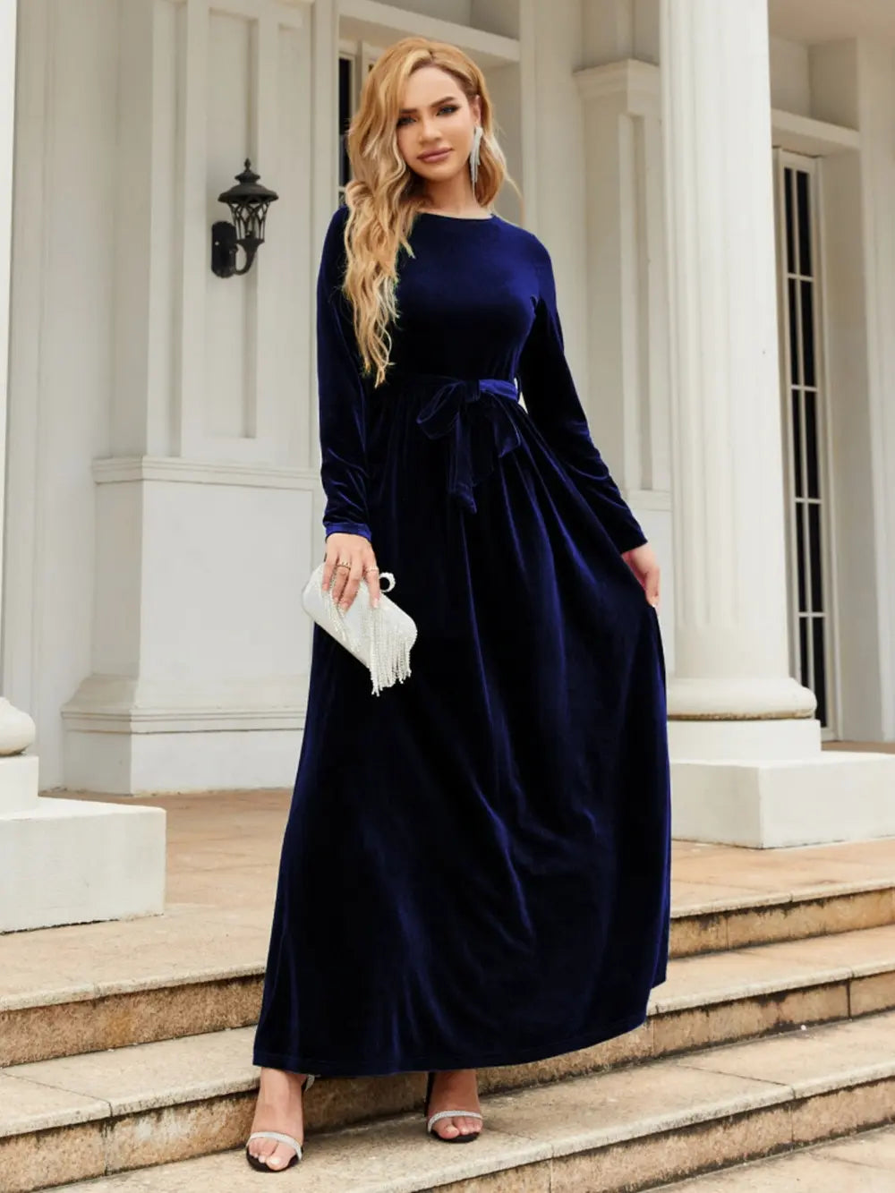 Tie Front Round Neck Long Sleeve Maxi Dress - Velora Luxury Fashion