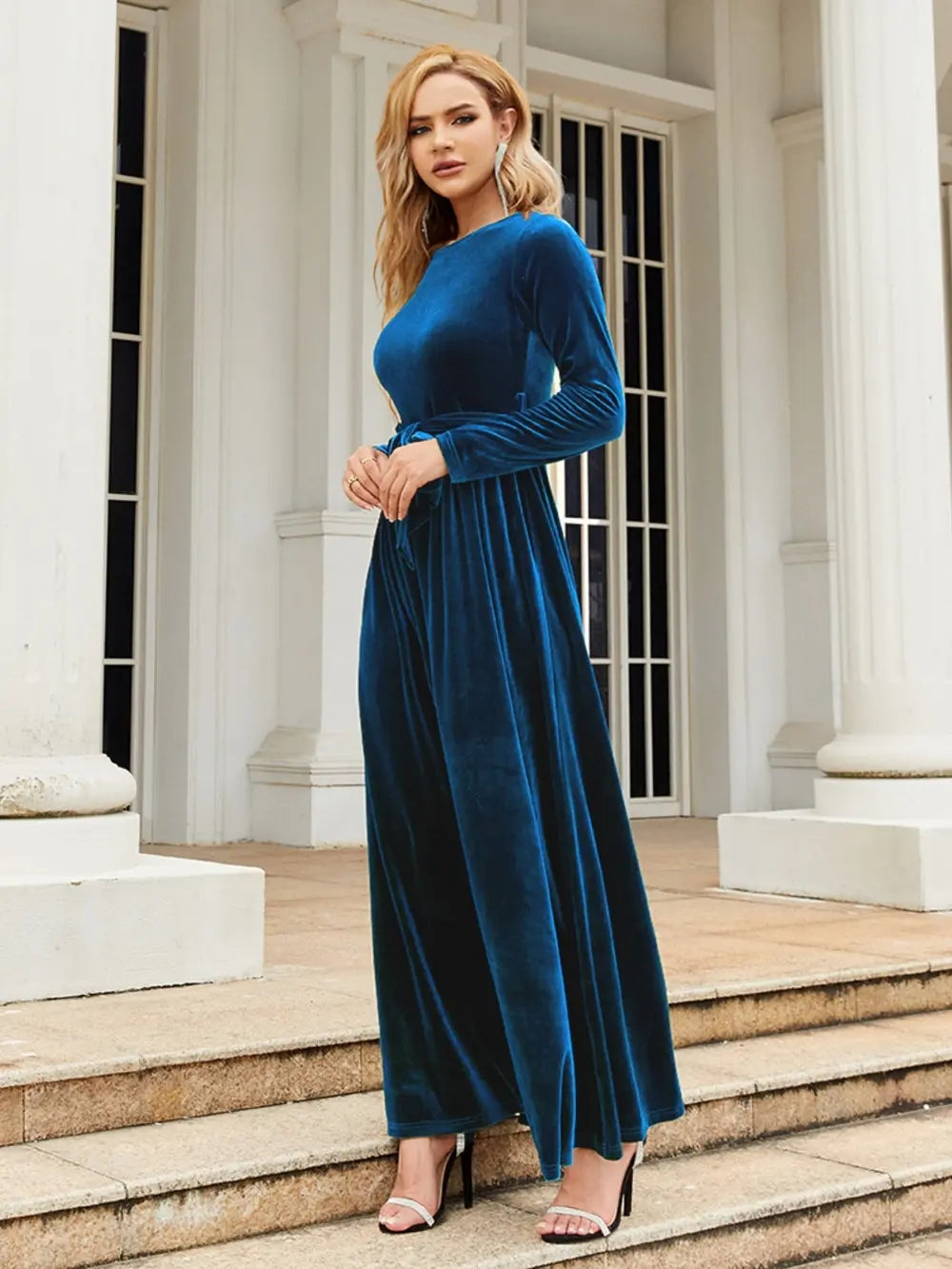 Tie Front Round Neck Long Sleeve Maxi Dress - Velora Luxury Fashion