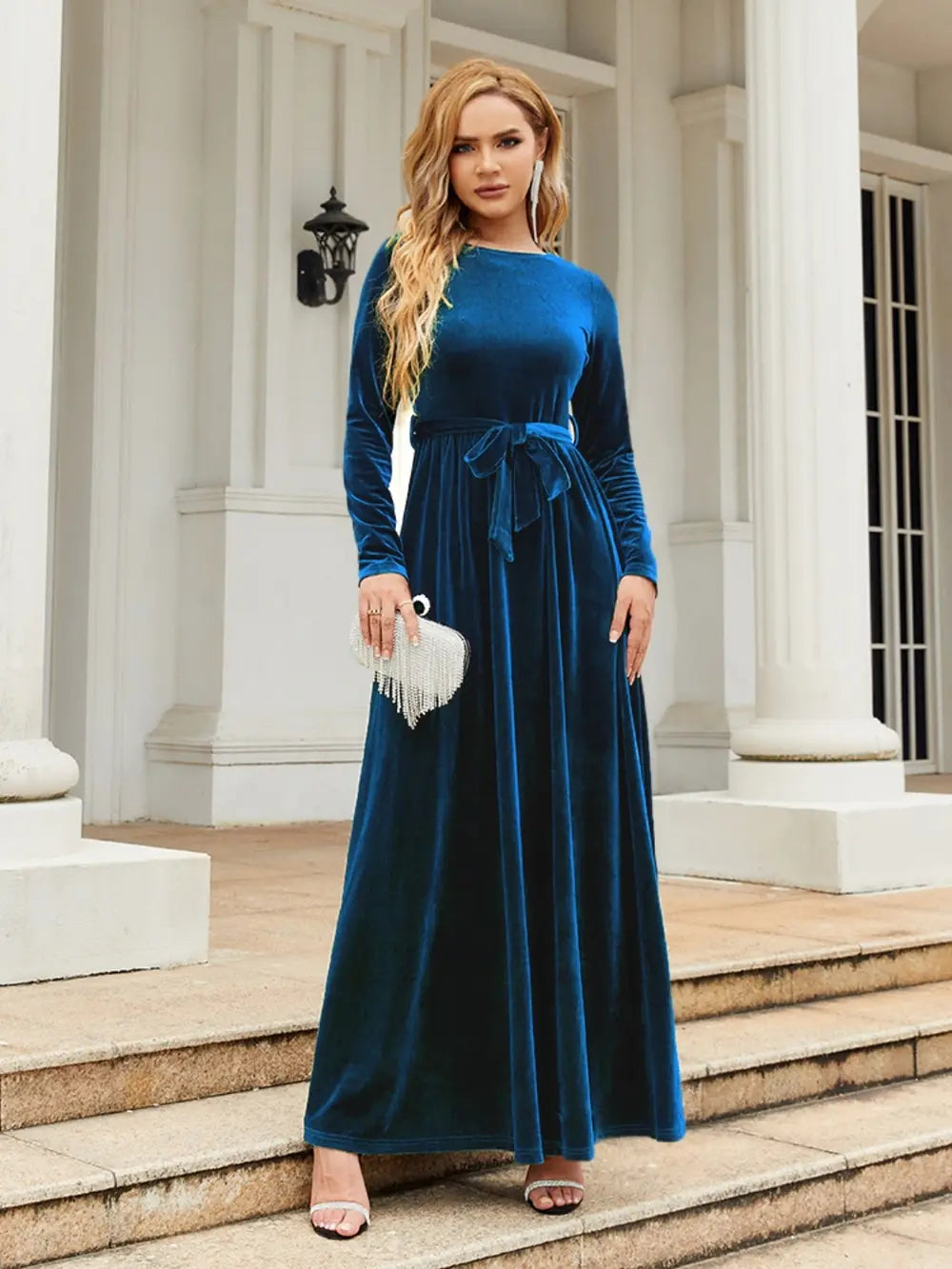 Tie Front Round Neck Long Sleeve Maxi Dress - Velora Luxury Fashion