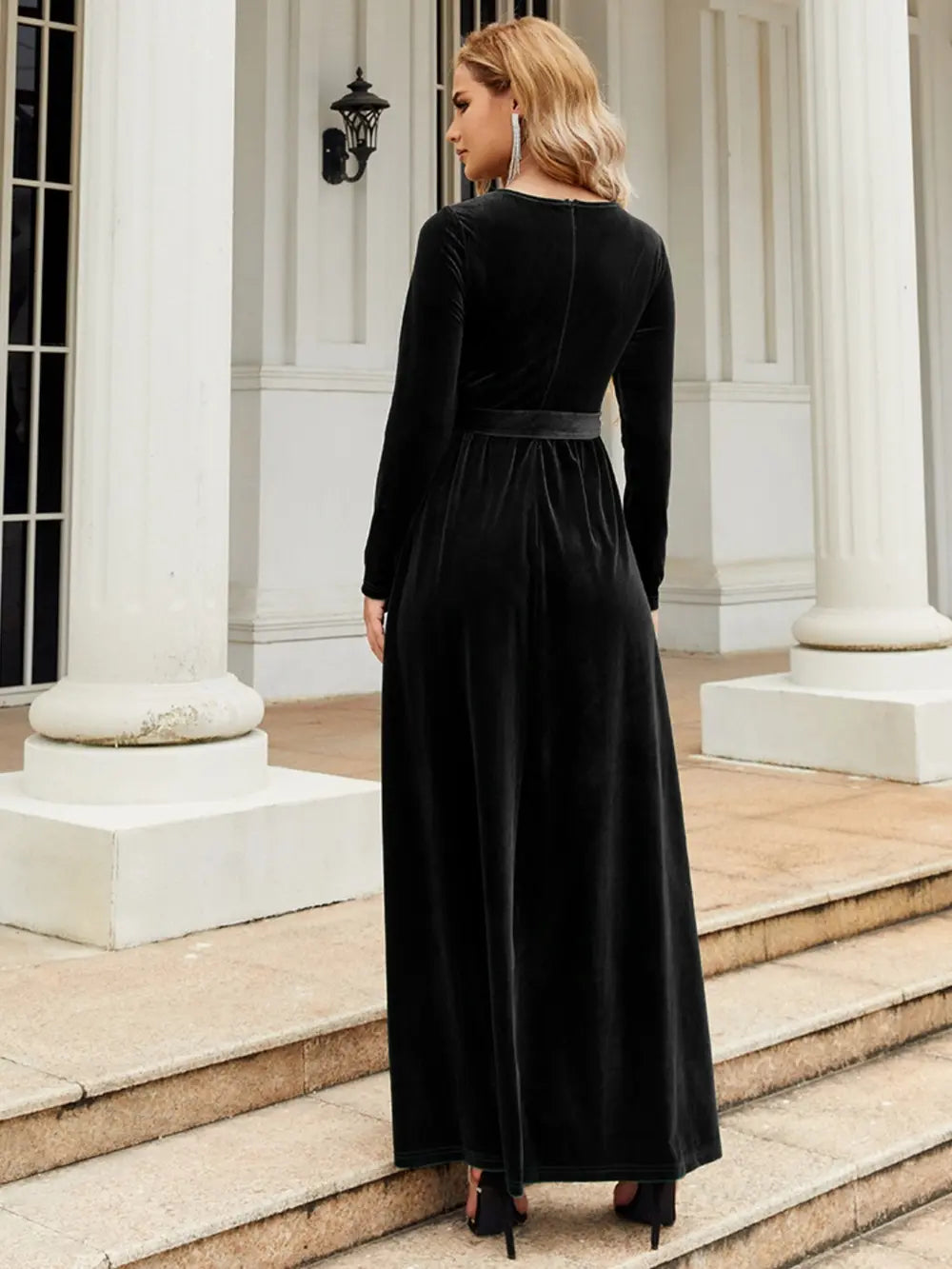 Tie Front Round Neck Long Sleeve Maxi Dress - Velora Luxury Fashion