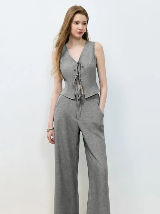 Tie Front Vest and Wide Leg Pants Set - Velora Luxury Fashion