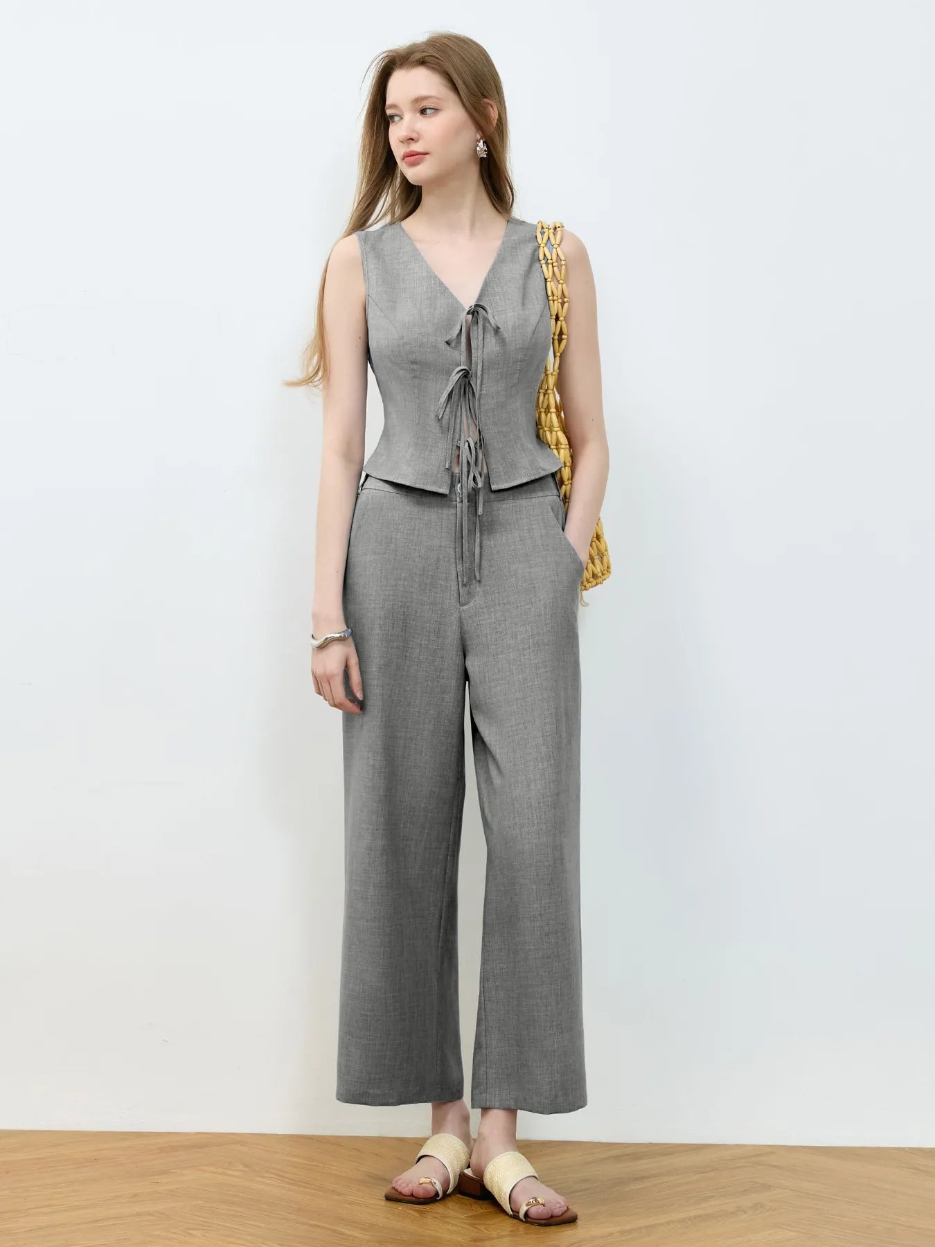 Tie Front Vest and Wide Leg Pants Set - Velora Luxury Fashion