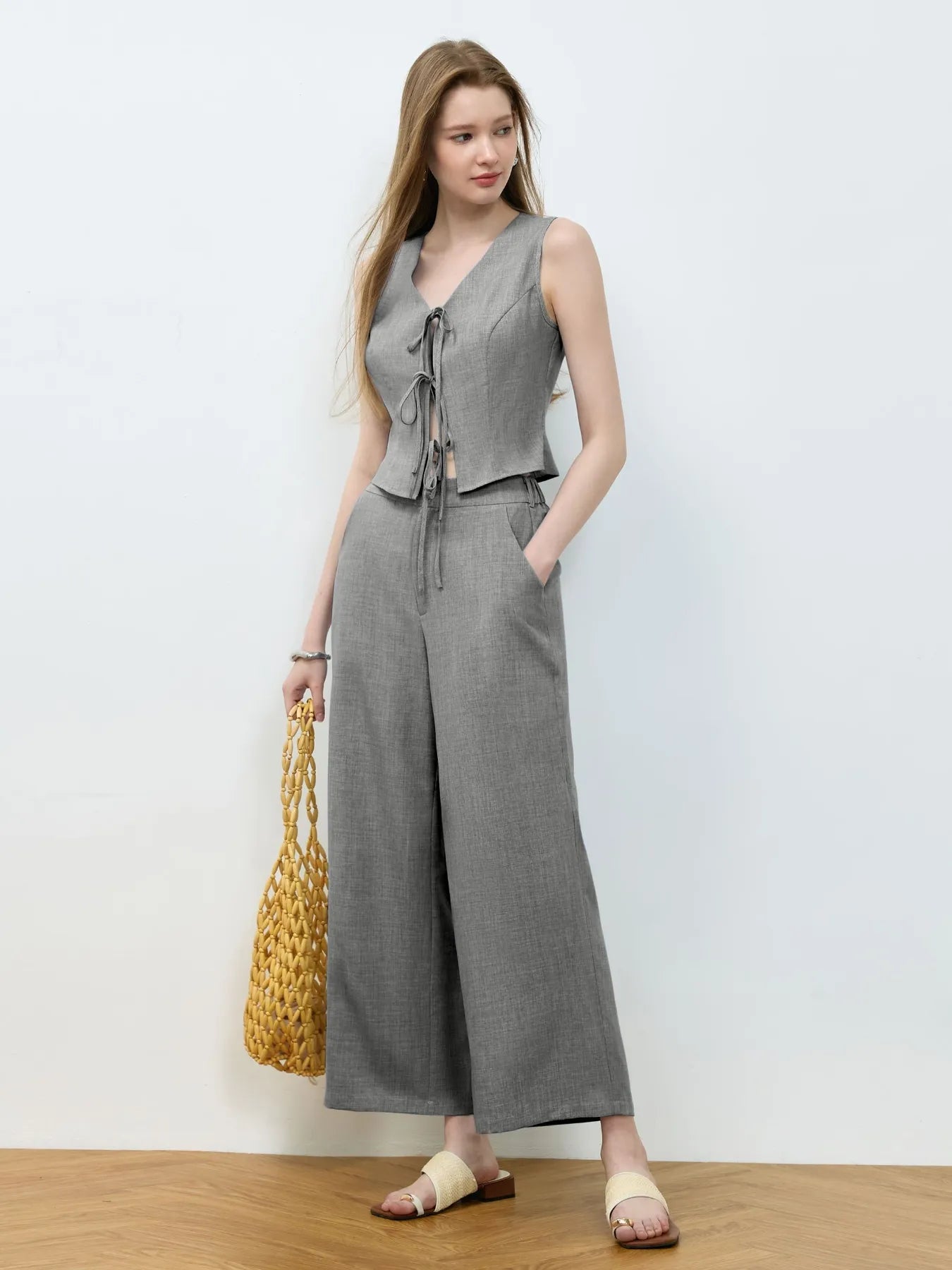 Tie Front Vest and Wide Leg Pants Set - Velora Luxury Fashion