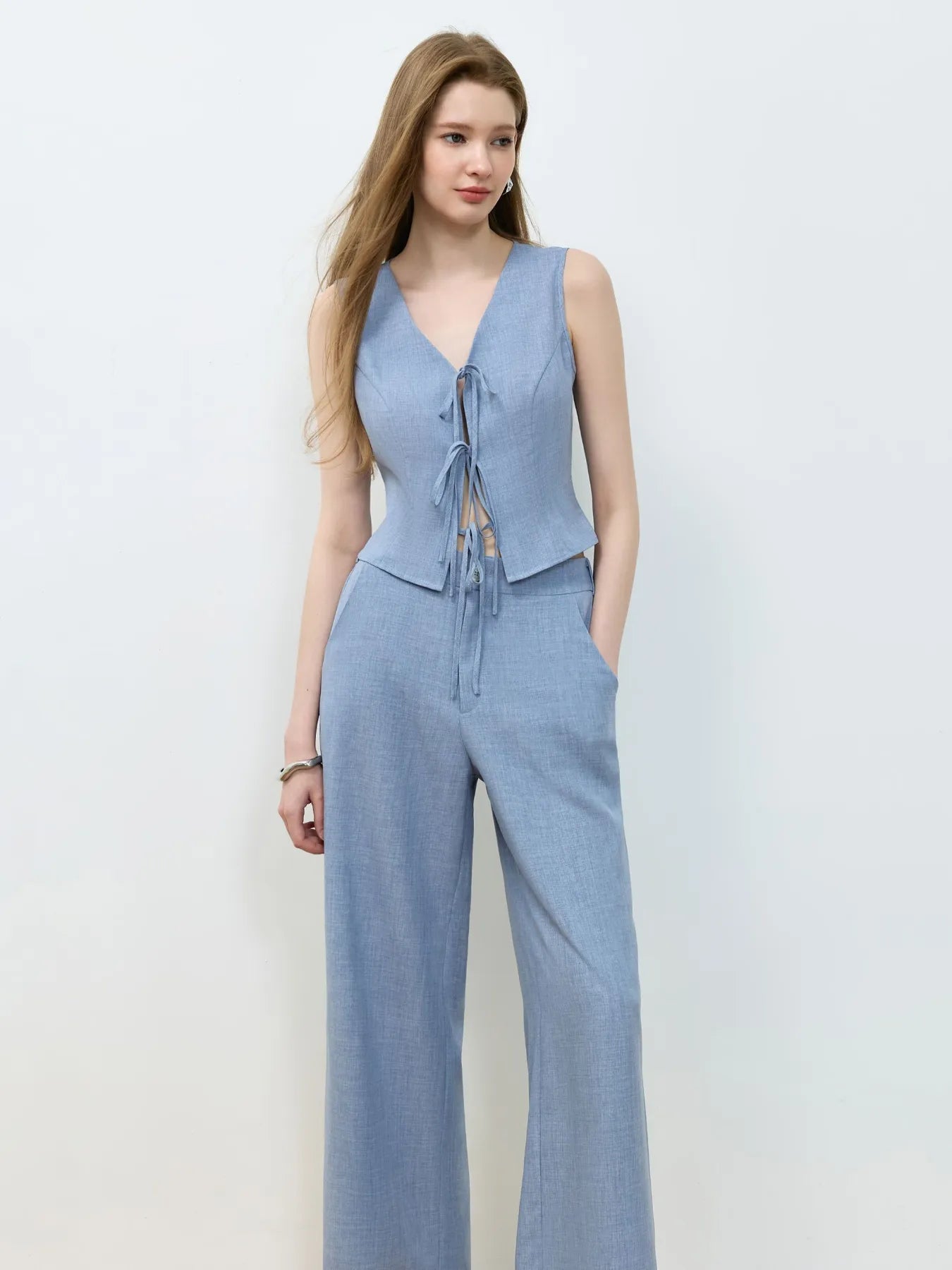 Tie Front Vest and Wide Leg Pants Set - Velora Luxury Fashion