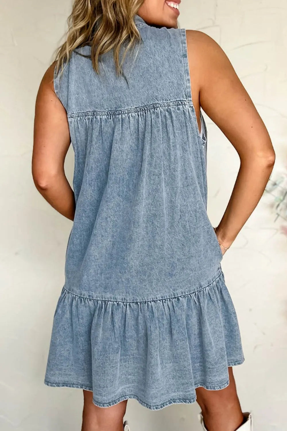 Tie Neck Sleeveless Denim Dress - Velora Luxury Fashion