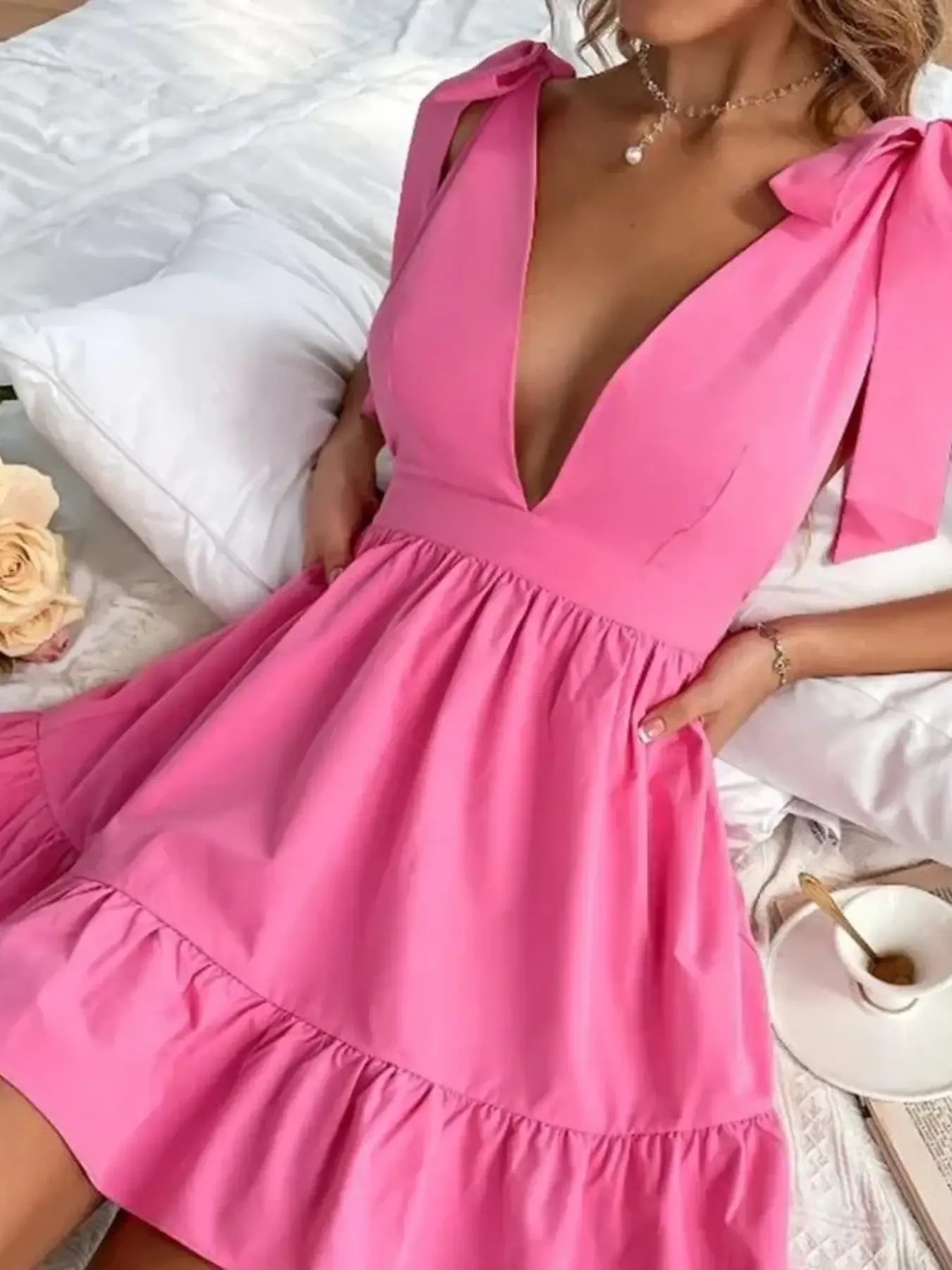 Tie Shoulder Tiered Mini Dress - Velora Luxury Fashion