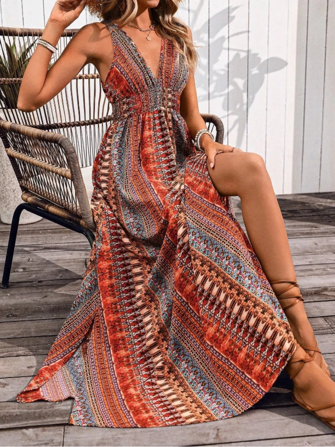 Tied Back Printed Sleeveless Maxi Slit Dress - Velora