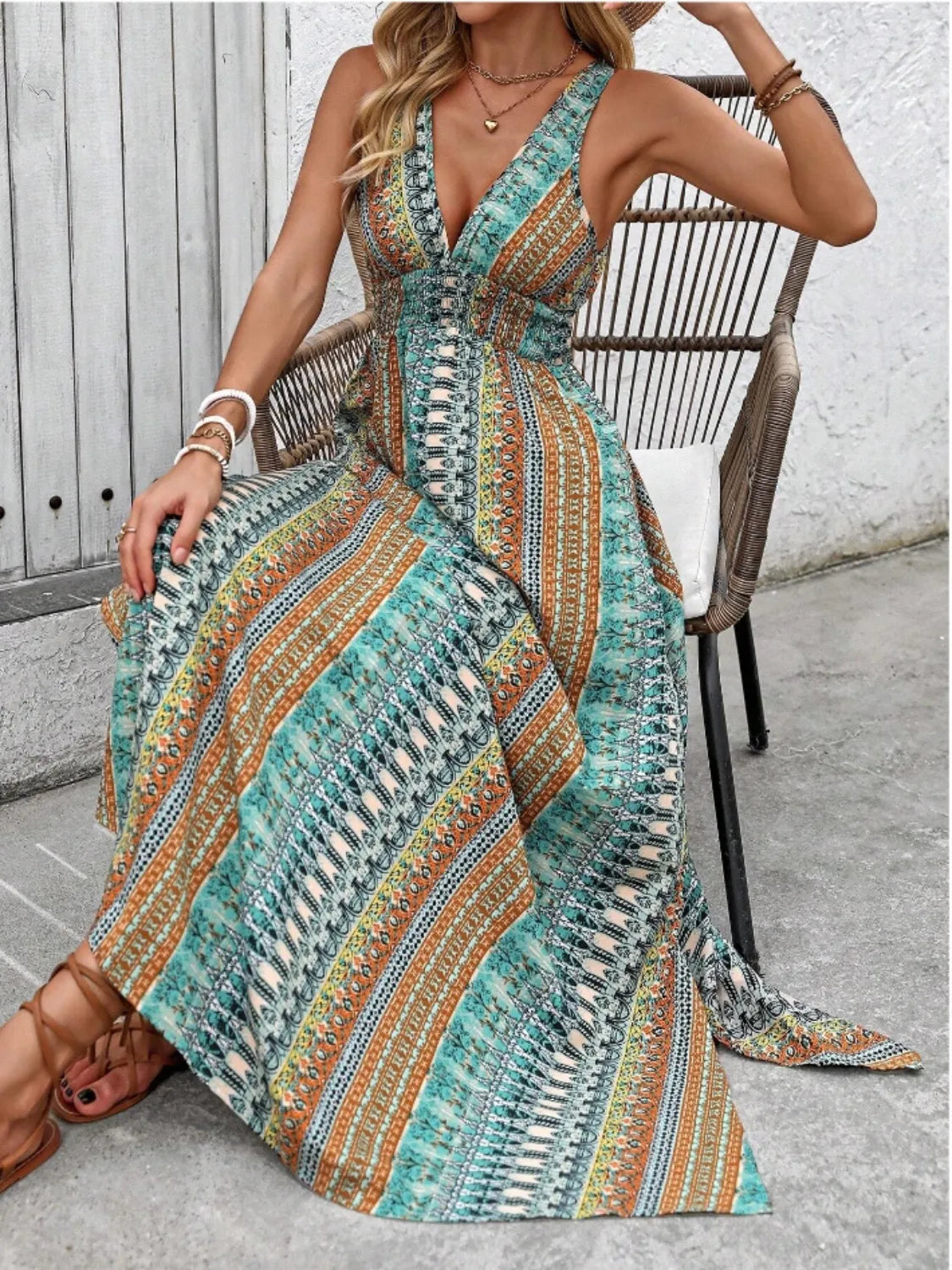 Tied Back Printed Sleeveless Maxi Slit Dress - Velora