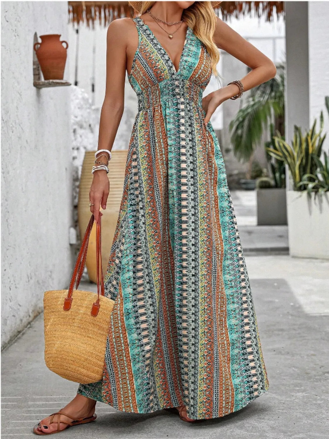 Tied Back Printed Sleeveless Maxi Slit Dress - Velora
