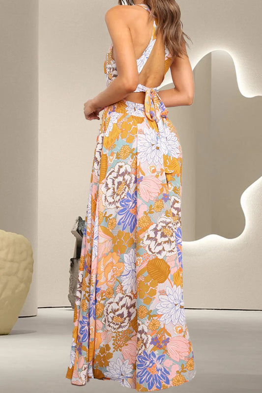 Tied Printed Grecian Sleeveless Maxi Dress - Velora Luxury Fashion