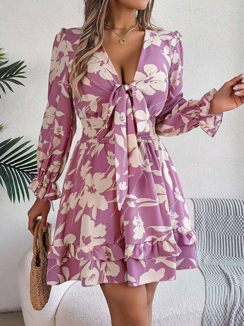 Tied Ruffled Printed Long Sleeve Dress - Velora Luxury Fashion