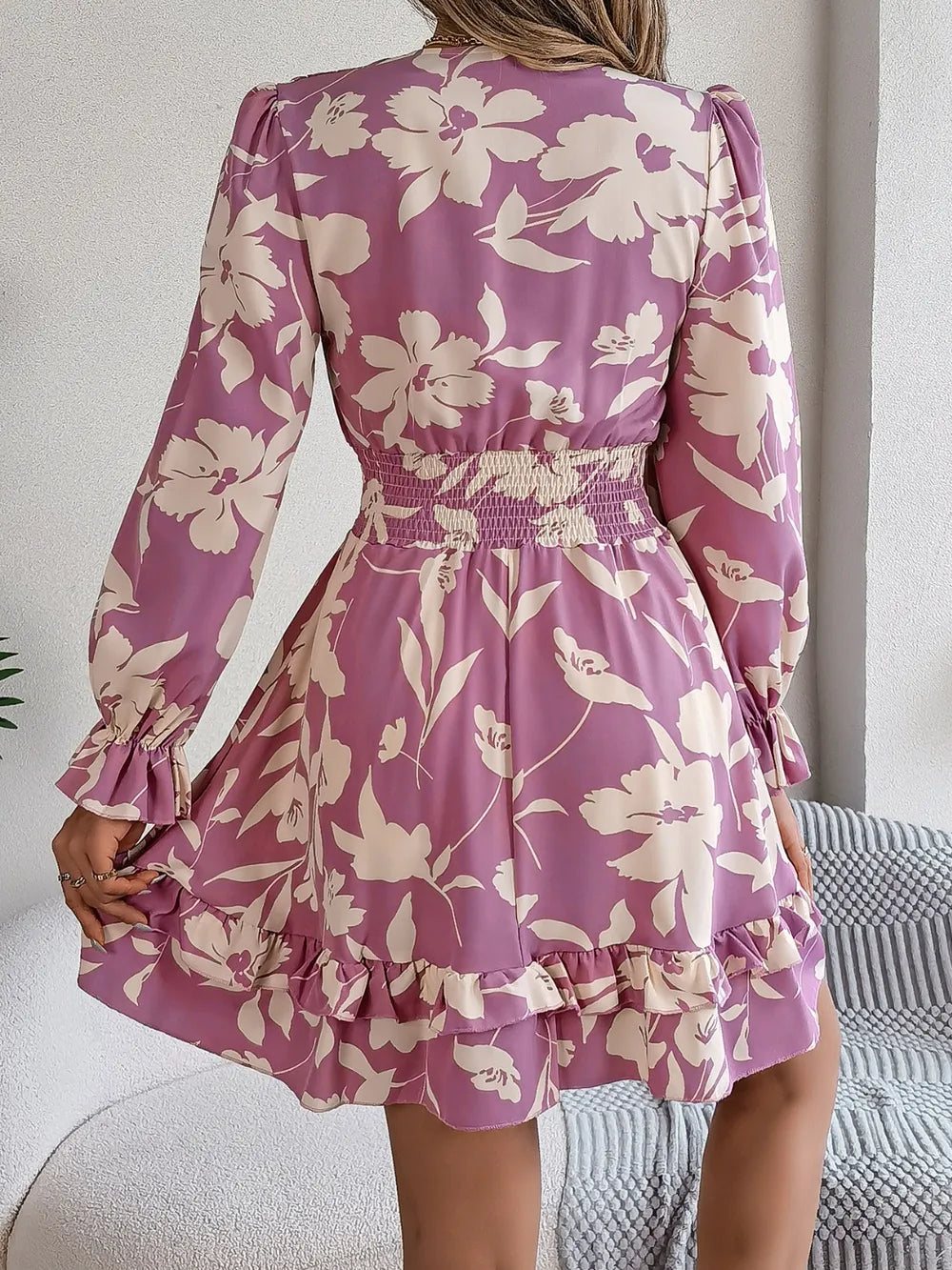 Tied Ruffled Printed Long Sleeve Dress - Velora Luxury Fashion