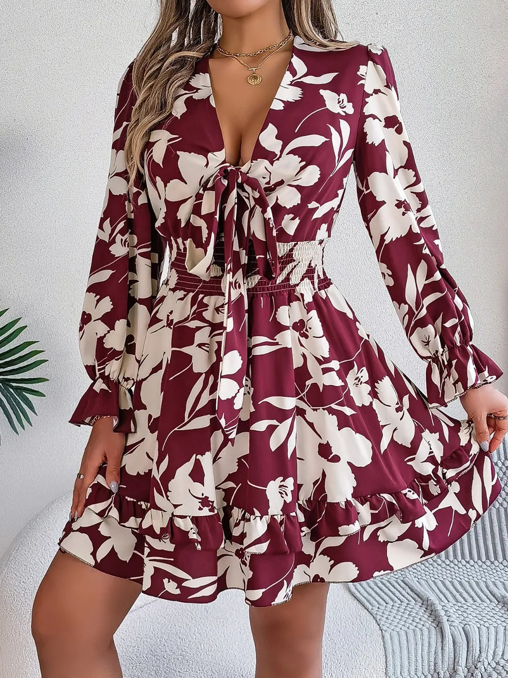 Tied Ruffled Printed Long Sleeve Dress - Velora Luxury Fashion